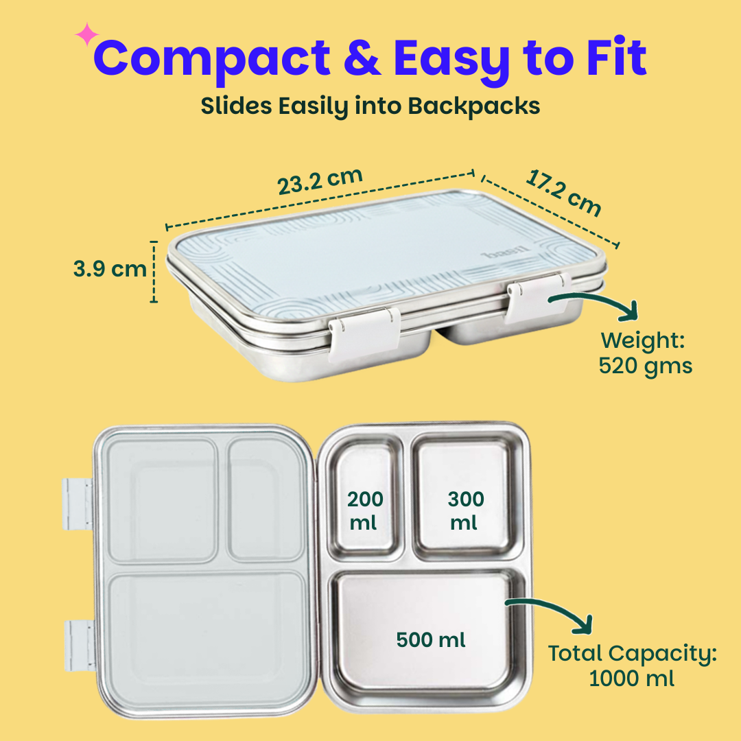3 Compartment easy open-close Lunchbox - Grey