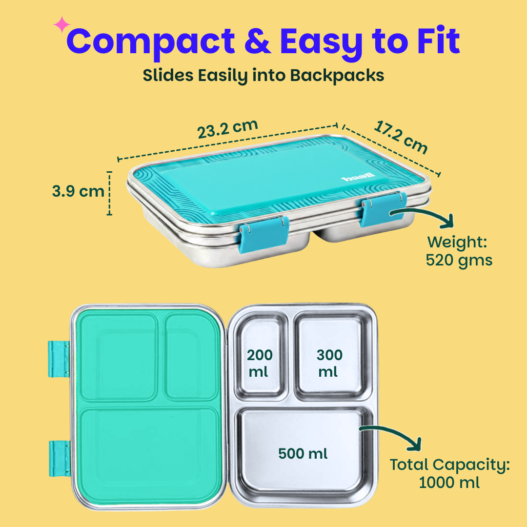 3 Compartment easy open-close Lunchbox - Teal