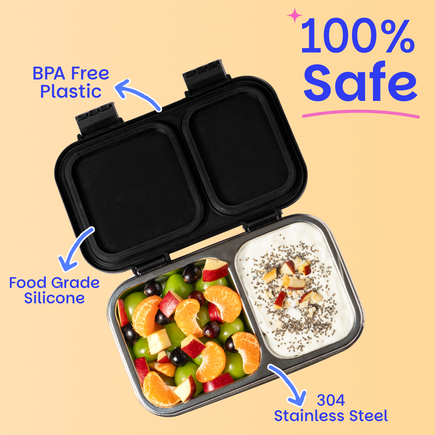 2 Compartment Stainless steel Lunchbox with Plastic Lid - Frosted Flurry