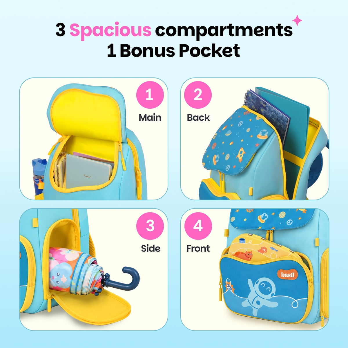 School backpack for Grades 1 to 5 with 4 spacious compartments - Super Swoosh