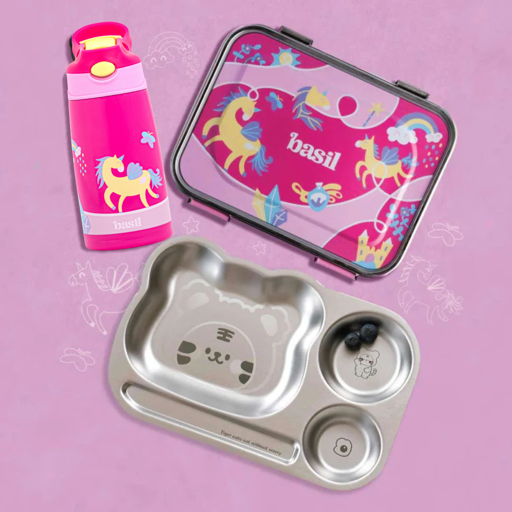 Set of 3: Bento box, Sipper & Plate - Pixie Dash