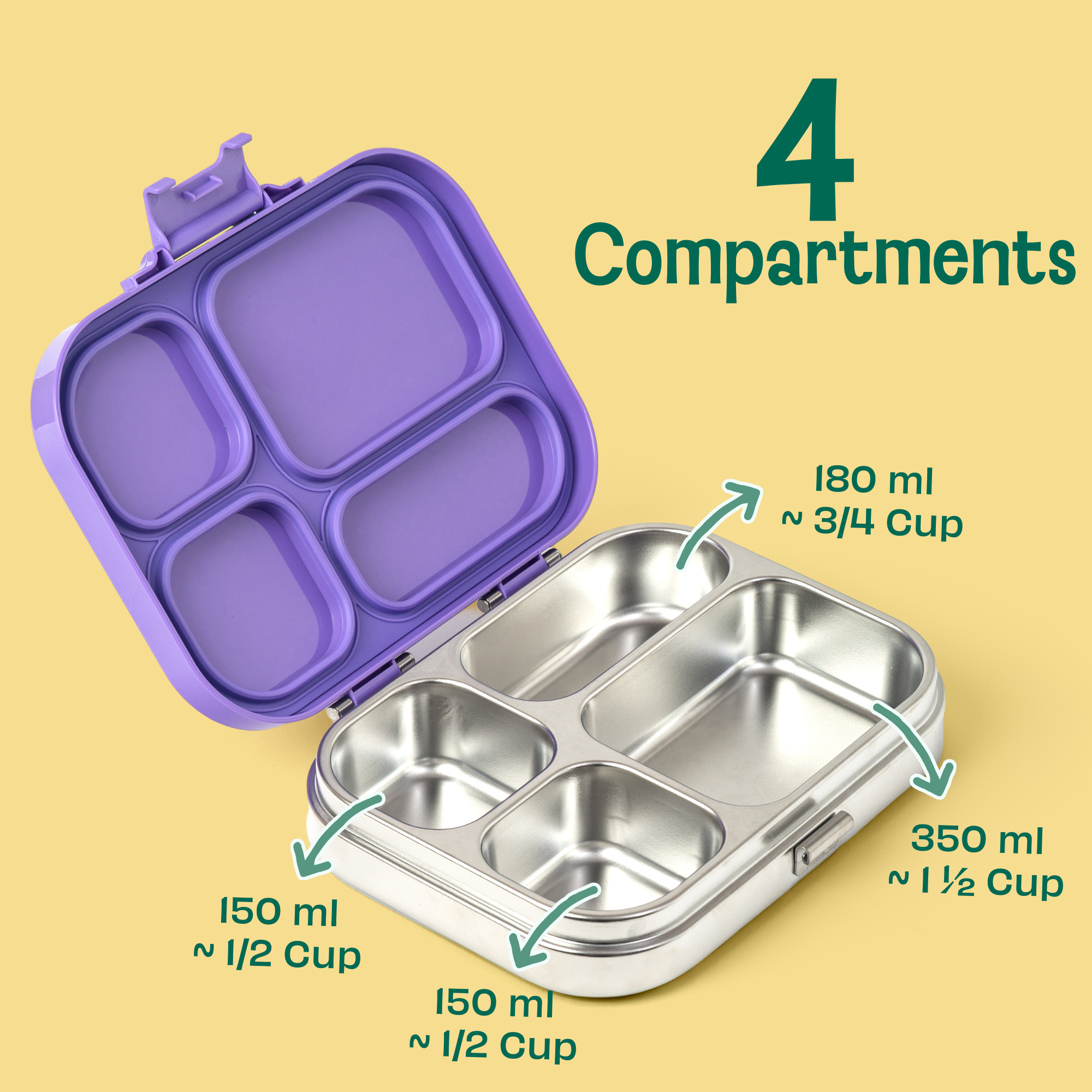 4 Compartment Stainless steel Lunchbox with Plastic lid - Purple Pop