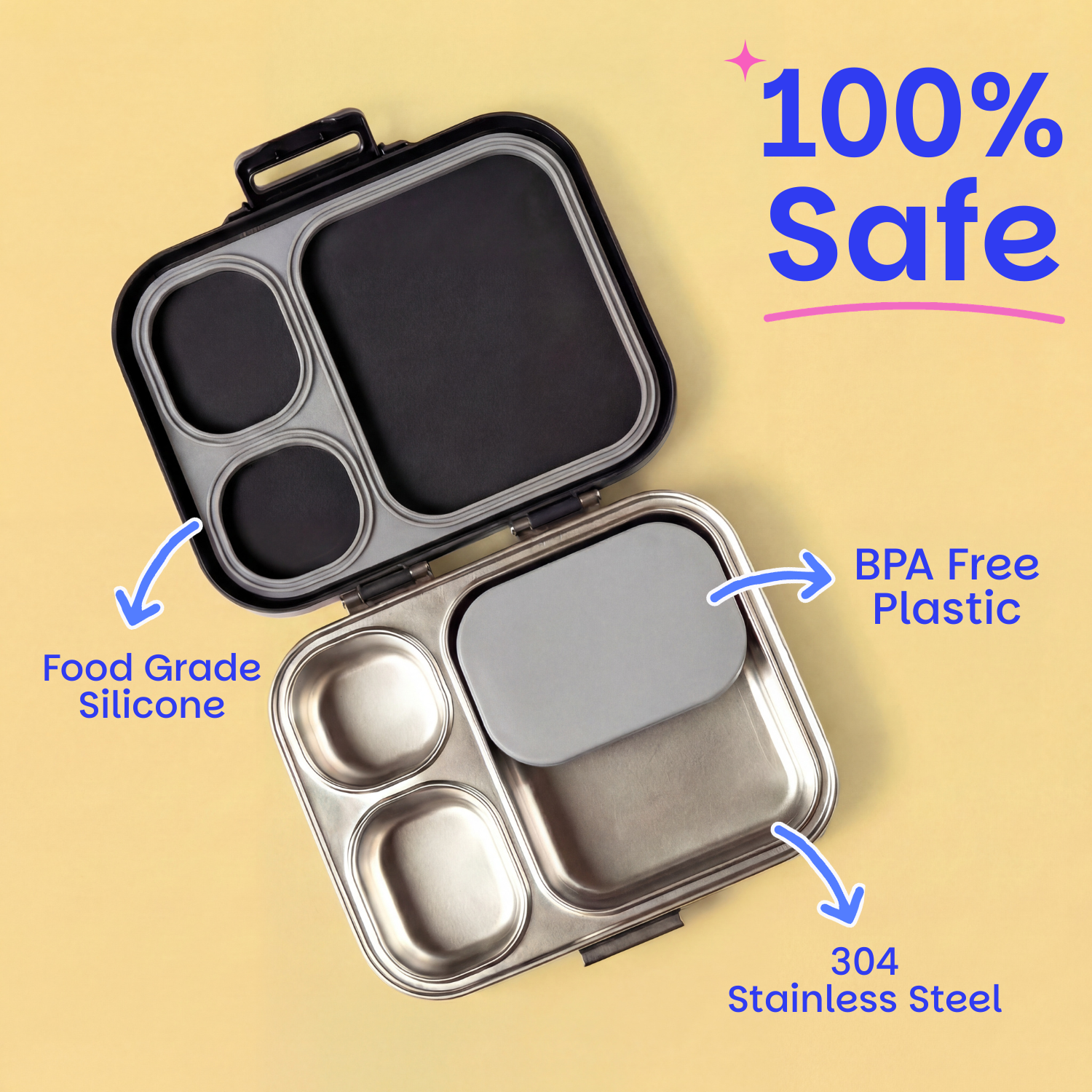 4 Compartment Stainless steel Lunchbox with Mini Box - Classic Grey