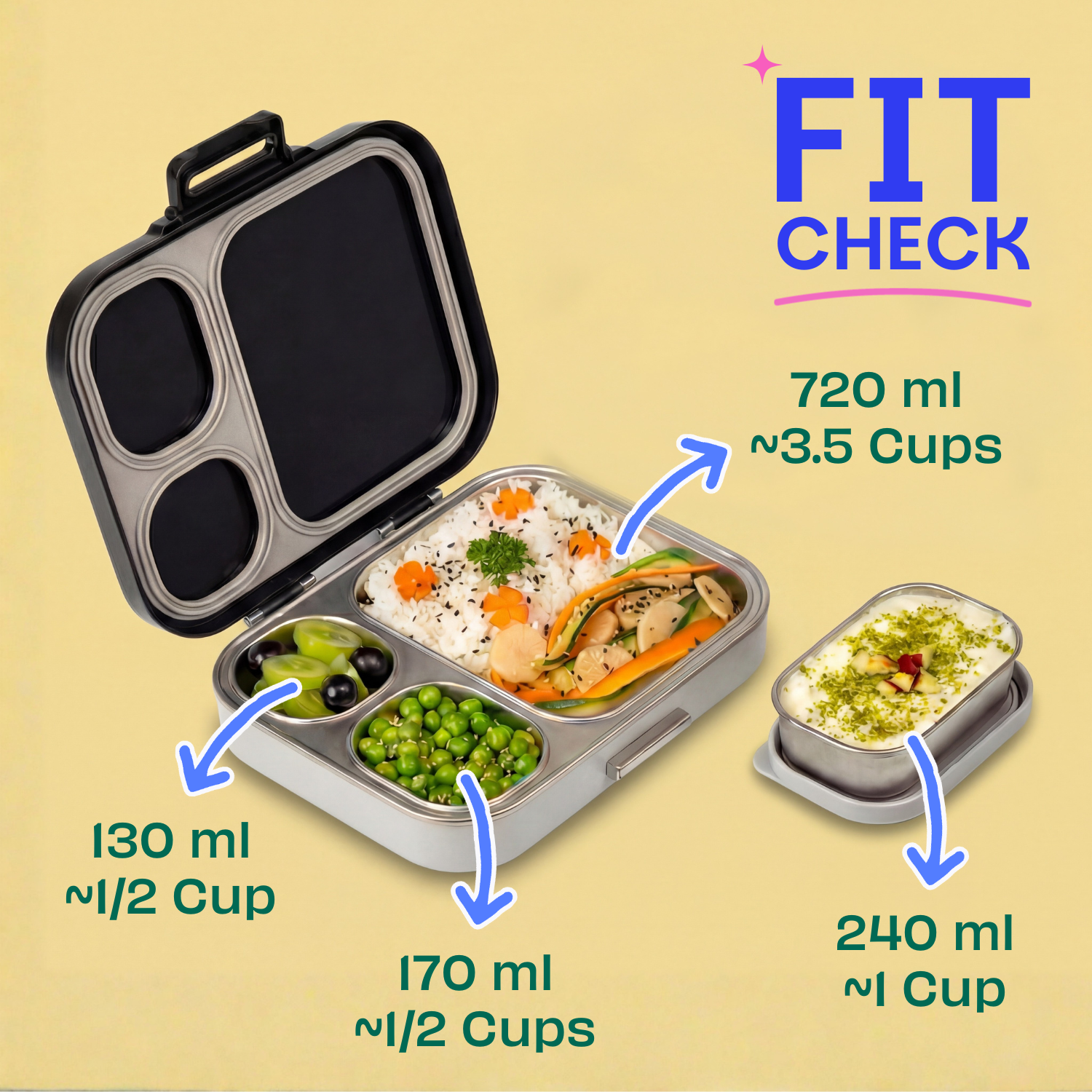 4 Compartment Stainless steel Lunchbox with Mini Box - Classic Grey