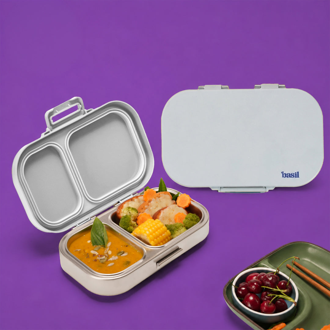 2 Compartment Stainless Steel Lunchbox with Plastic Lid - Classic Grey