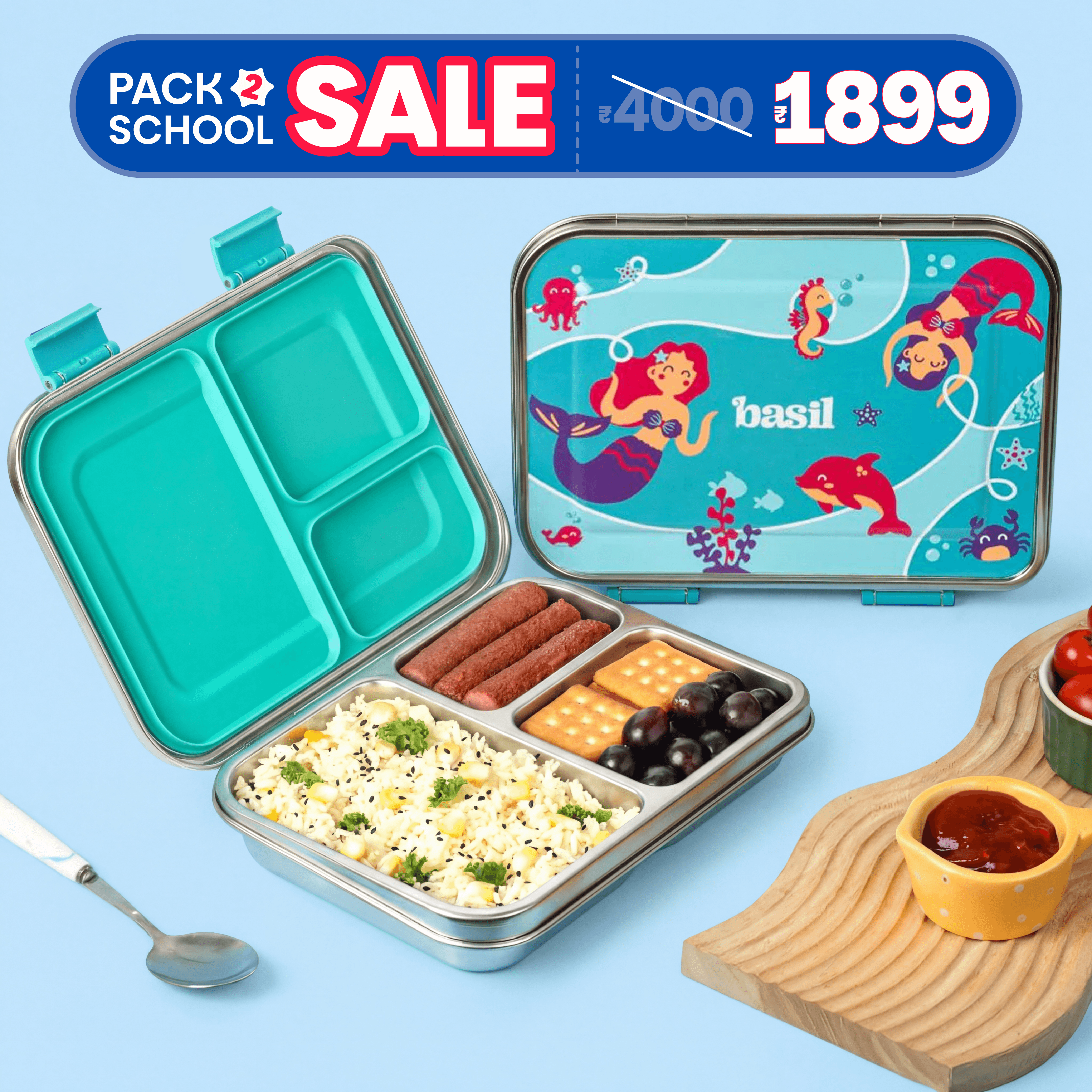 3 Compartment easy open-close Lunchbox - Aqua Mist