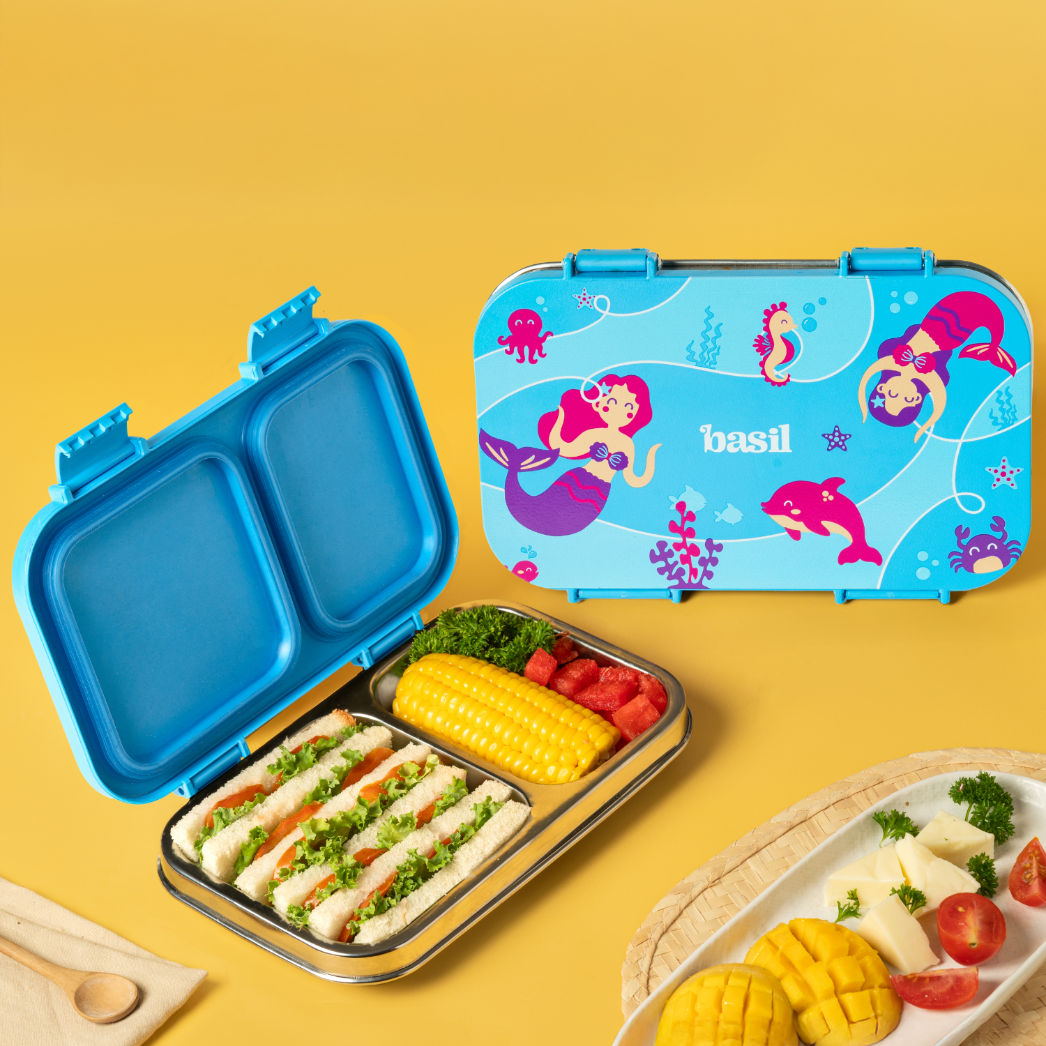 2 Compartment Stainless steel Lunchbox with Plastic Lid - Aqua Mist