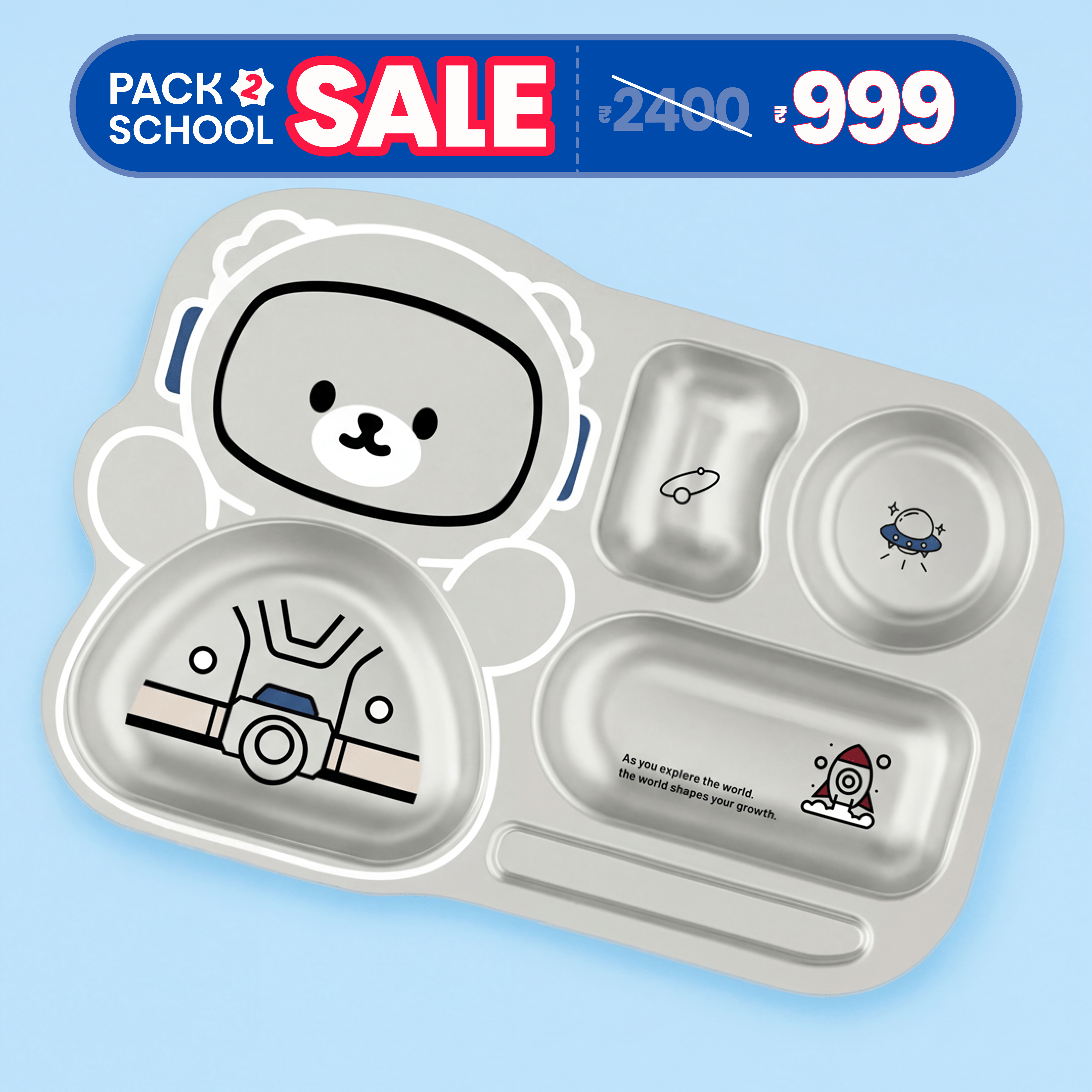 4 Compartment Stainless steel Spaceship Plate - Bear