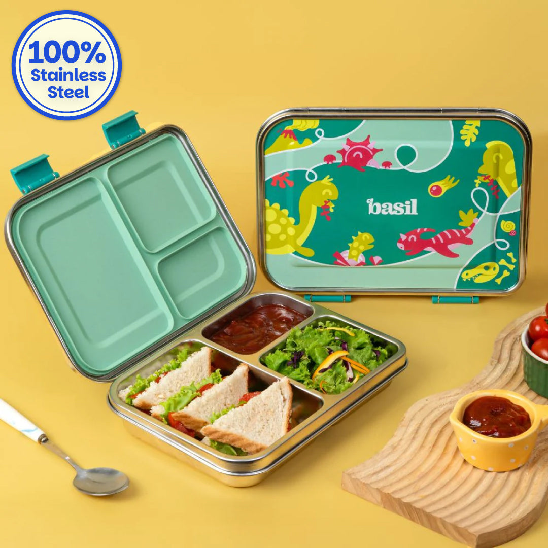 Green Dinosaur Lunch Box - 3 Compartment Dinosaur Tiffin Box | Basil
