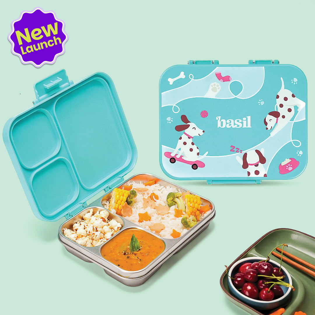 3 Compartment Stainless Steel Lunchbox with Plastic Lid - Wiggly Woof