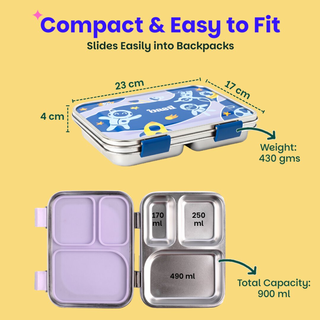 3 Compartment Stainless steel Lunchbox - Super Swoosh