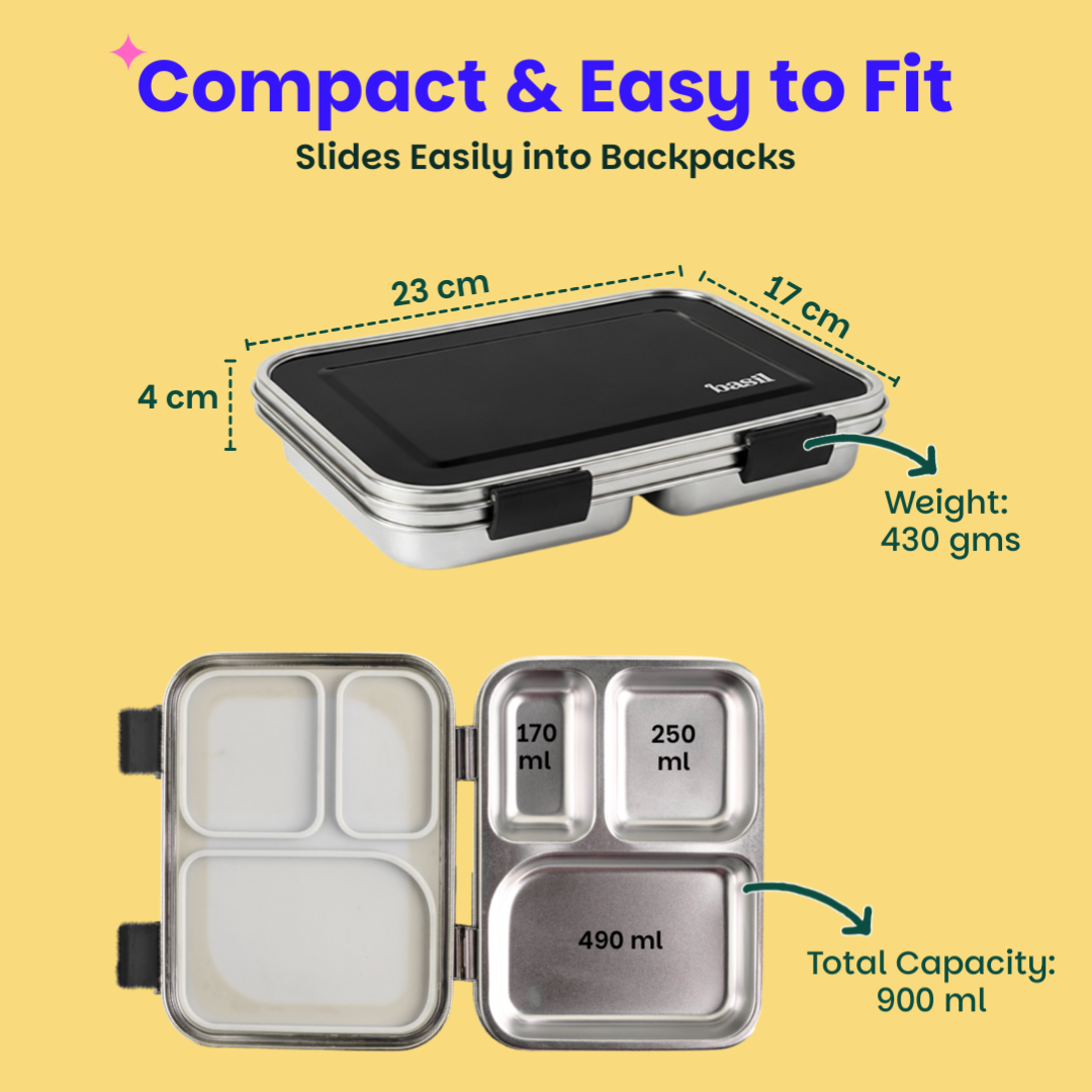 3 Compartment Stainless steel Lunchbox - Classic Black