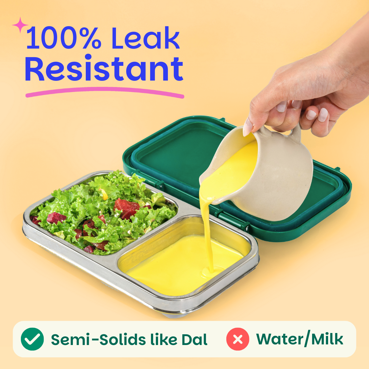 2 Compartment Stainless steel Lunchbox with Plastic Lid - Grey Classic