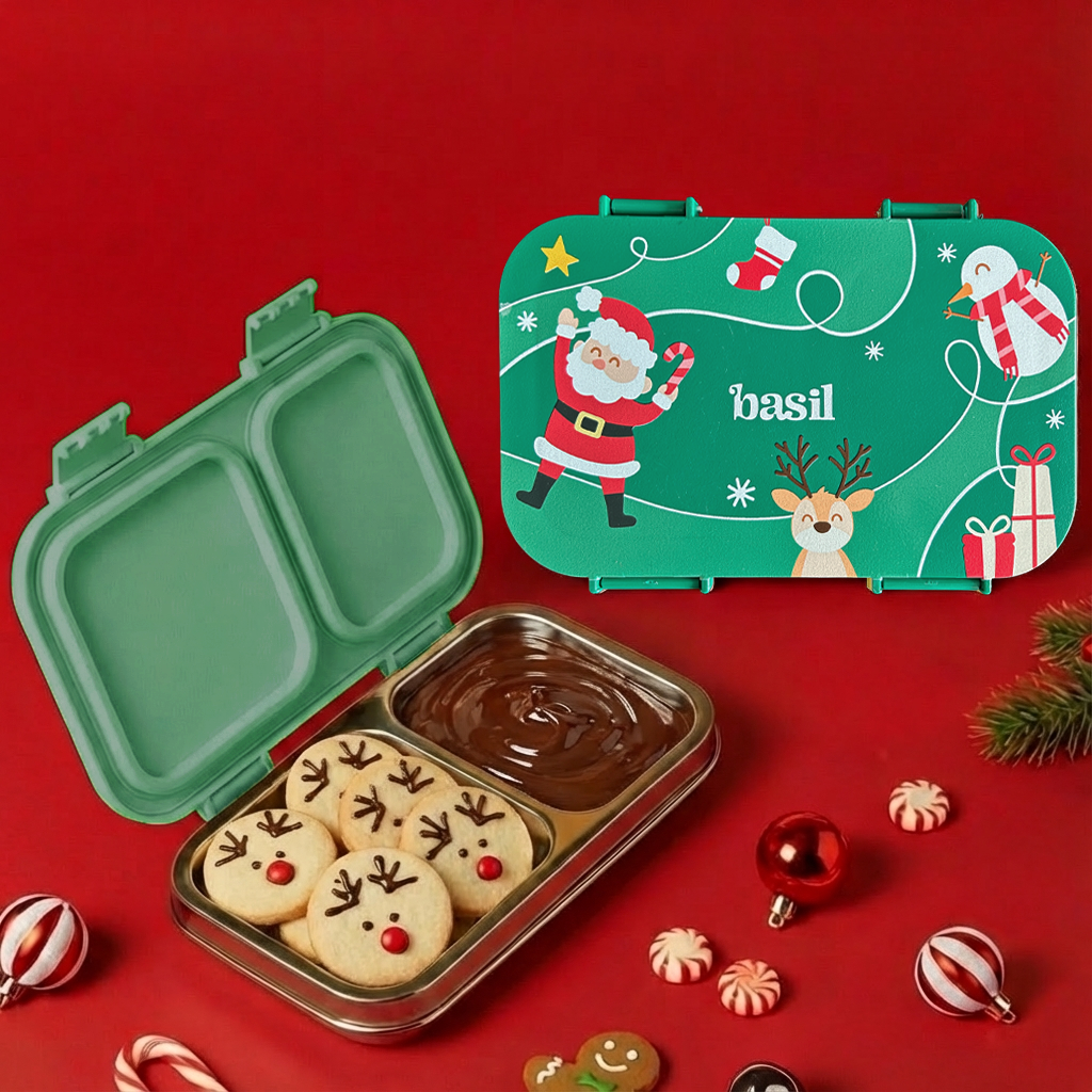 2 Compartment Stainless steel Lunchbox with Plastic Lid - Rudolph's Ride