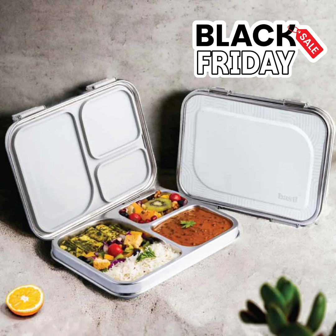 3 Compartment Stainless steel Lunchbox - Classic Grey