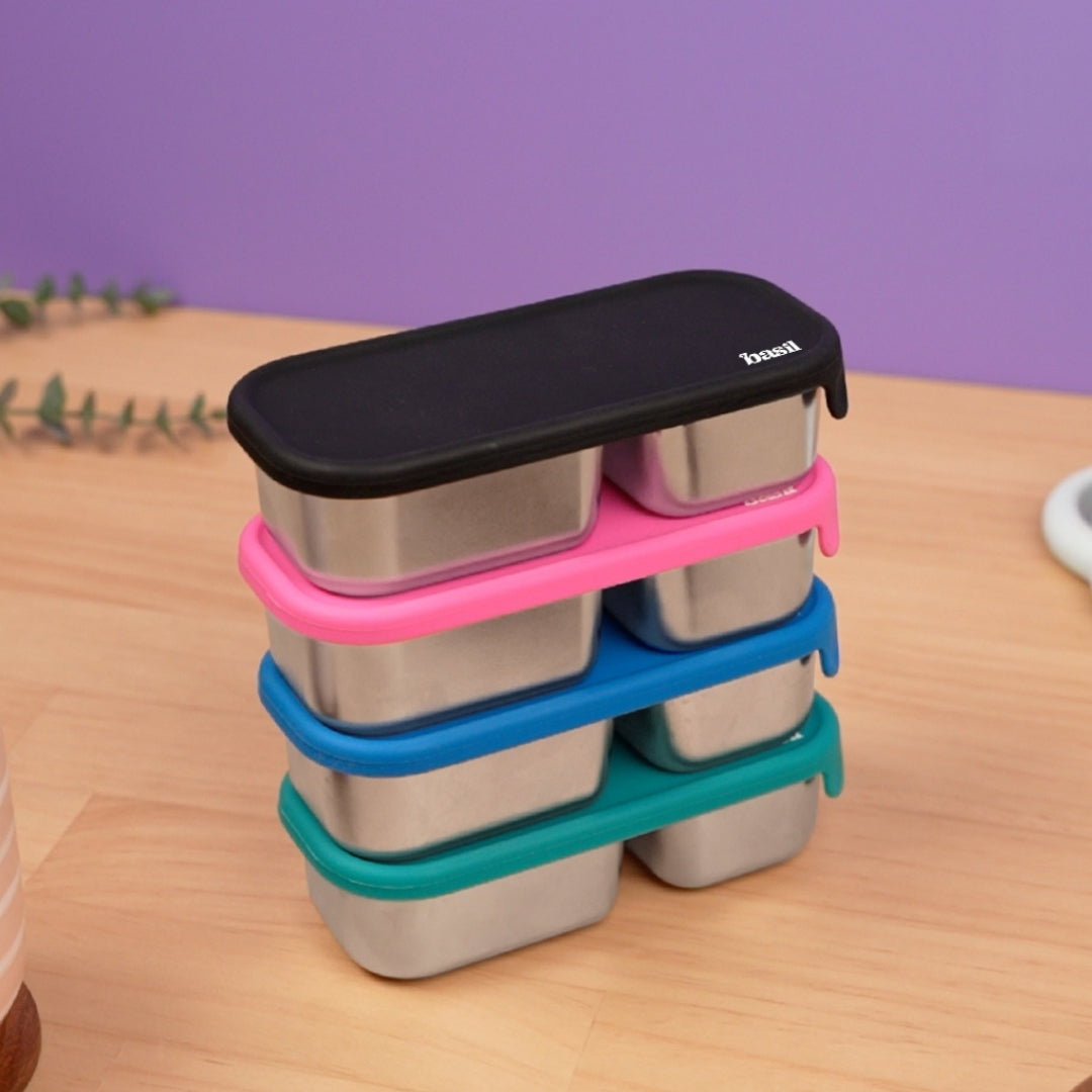 2 Compartment Stainless Steel Pickle Dip with Silicone Lid - Blue