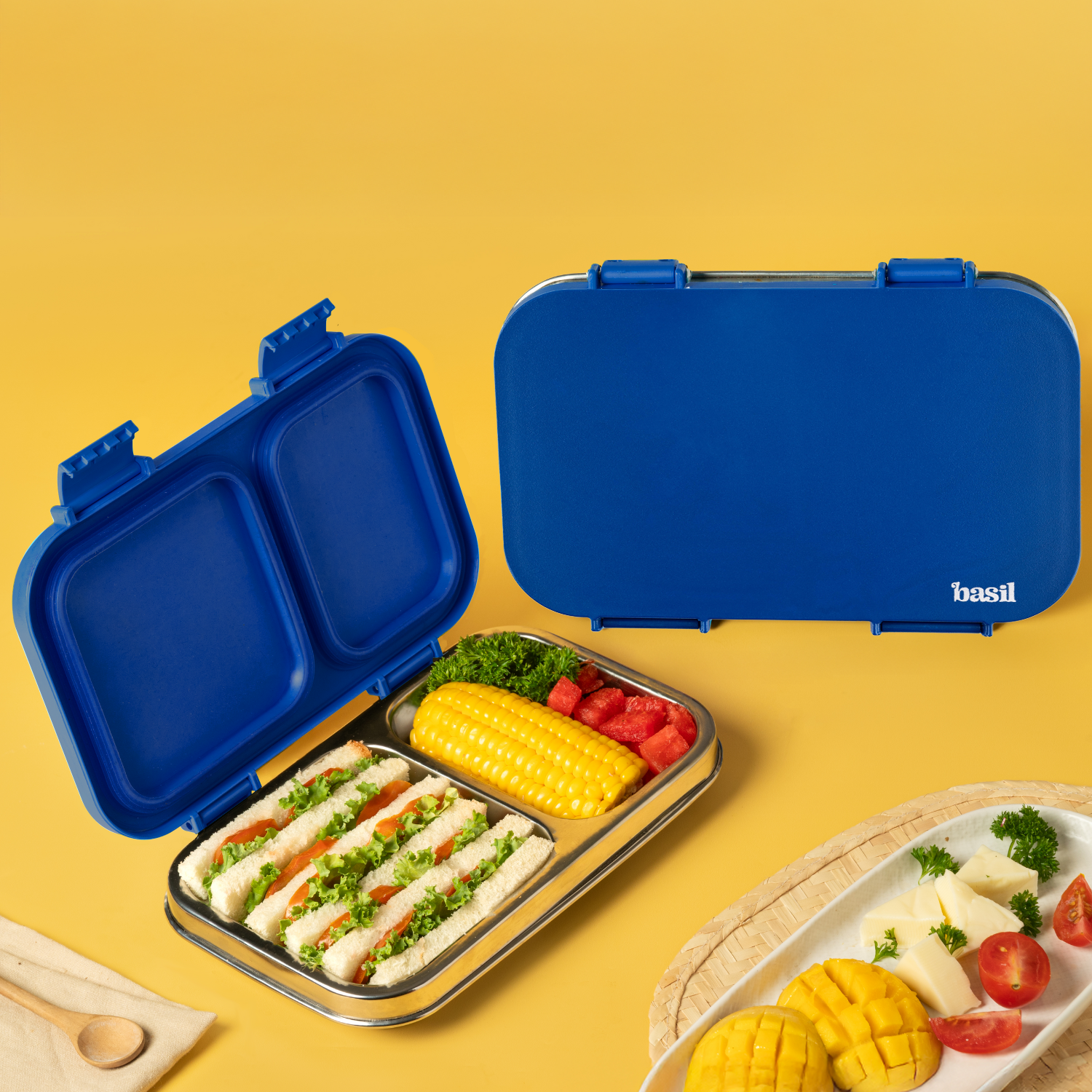 2 Compartment Stainless steel Lunchbox with Plastic Lid - Blue Classic