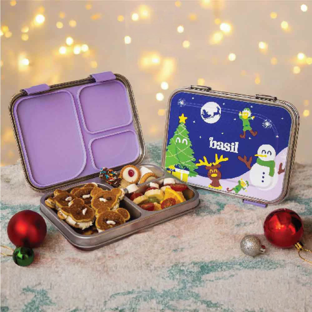 3 Compartment Stainless steel Lunchbox - Blue Christmas