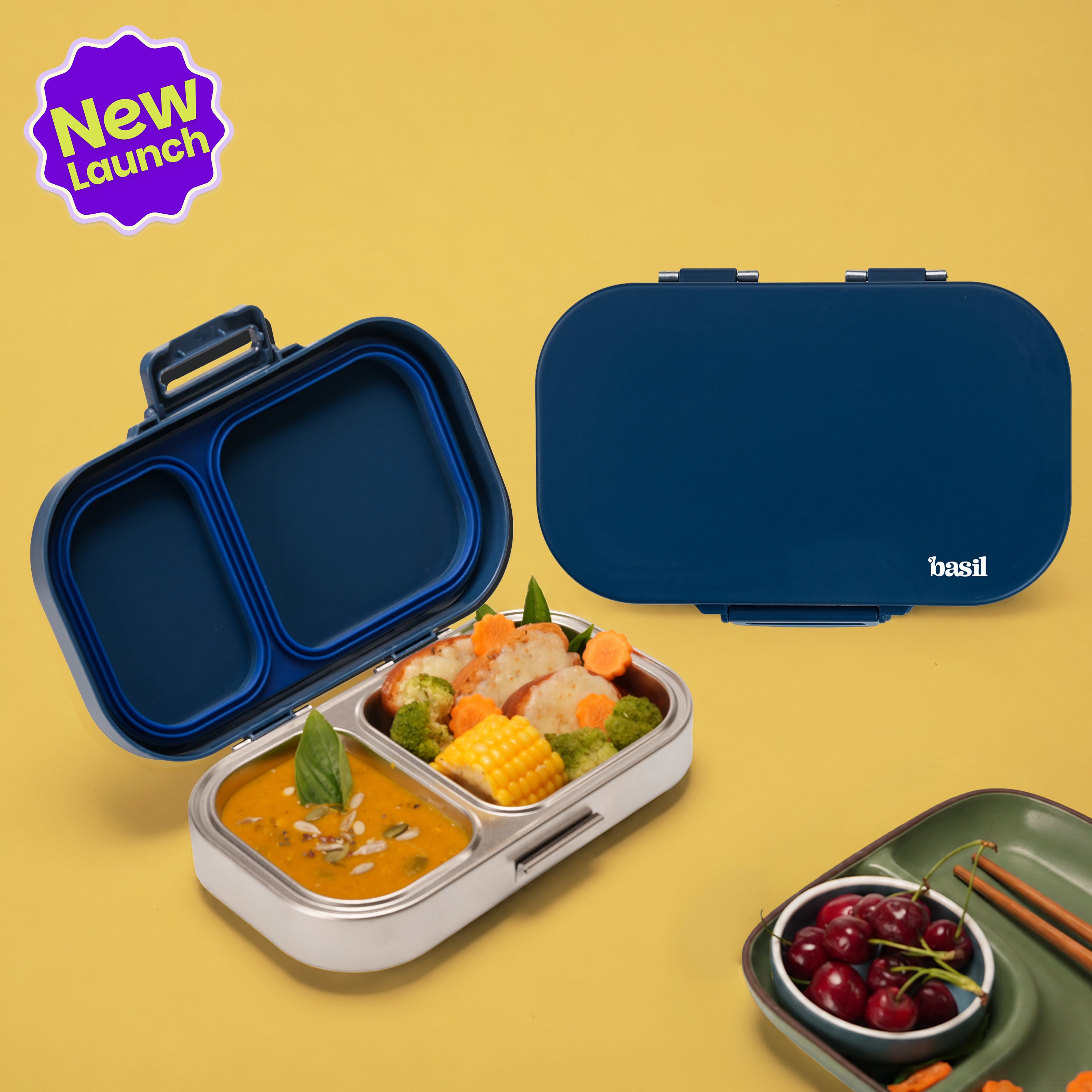 2 Compartment Stainless Steel Lunchbox with Plastic Lid - Classic Blue