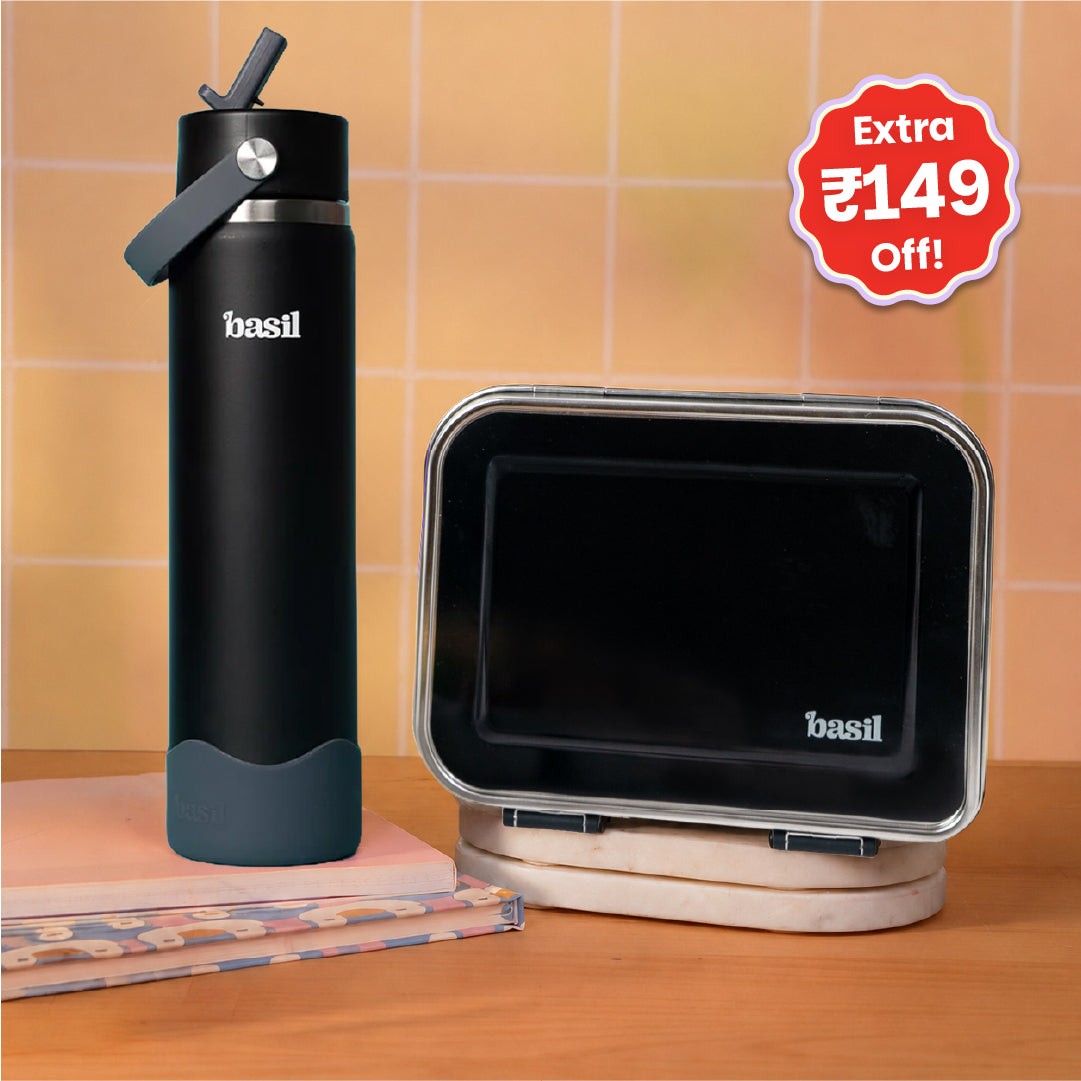 School Combo- Set of Water Bottle and Lunch Box Black