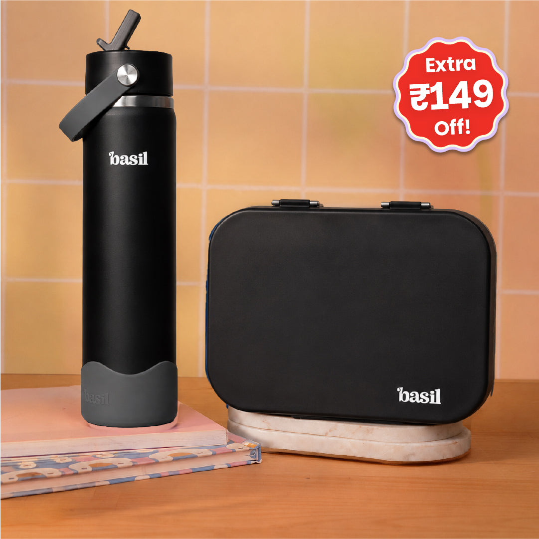 School Combo- Set of Water Bottle and Lunch Box Black