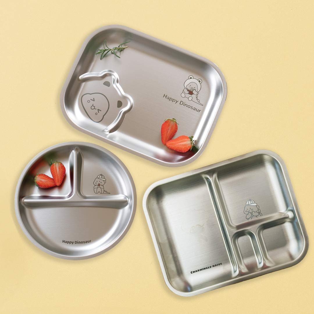 Set of 3: Stainless steel Plates - Dino