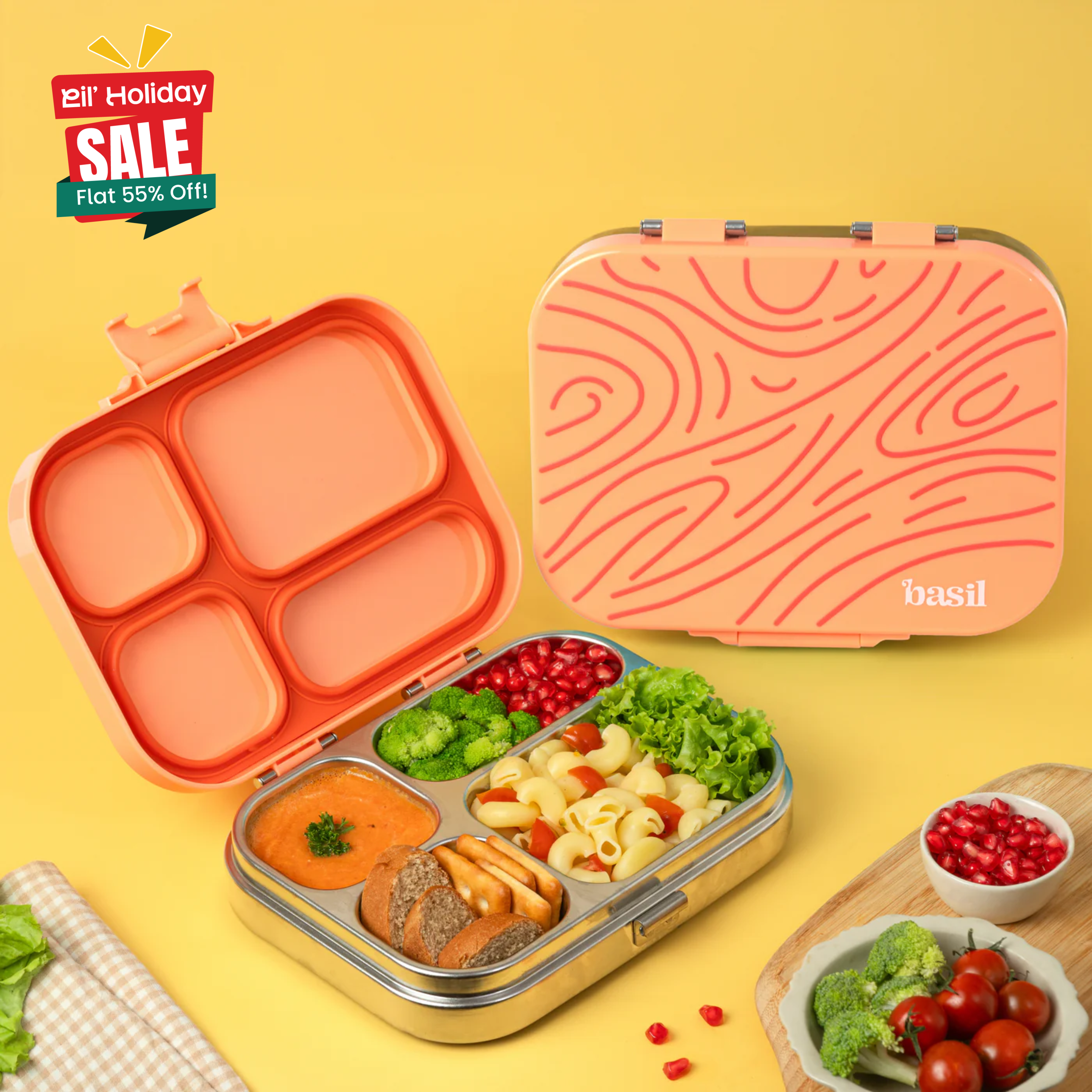 4 Compartment Stainless steel Lunchbox with Plastic lid - Coral Swirl