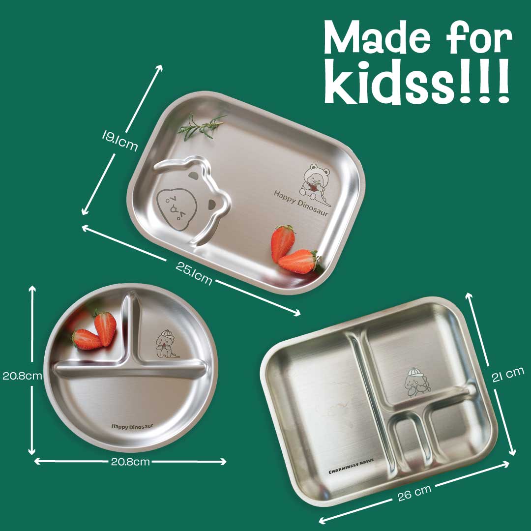Set of 3: Stainless steel Plates - Dino