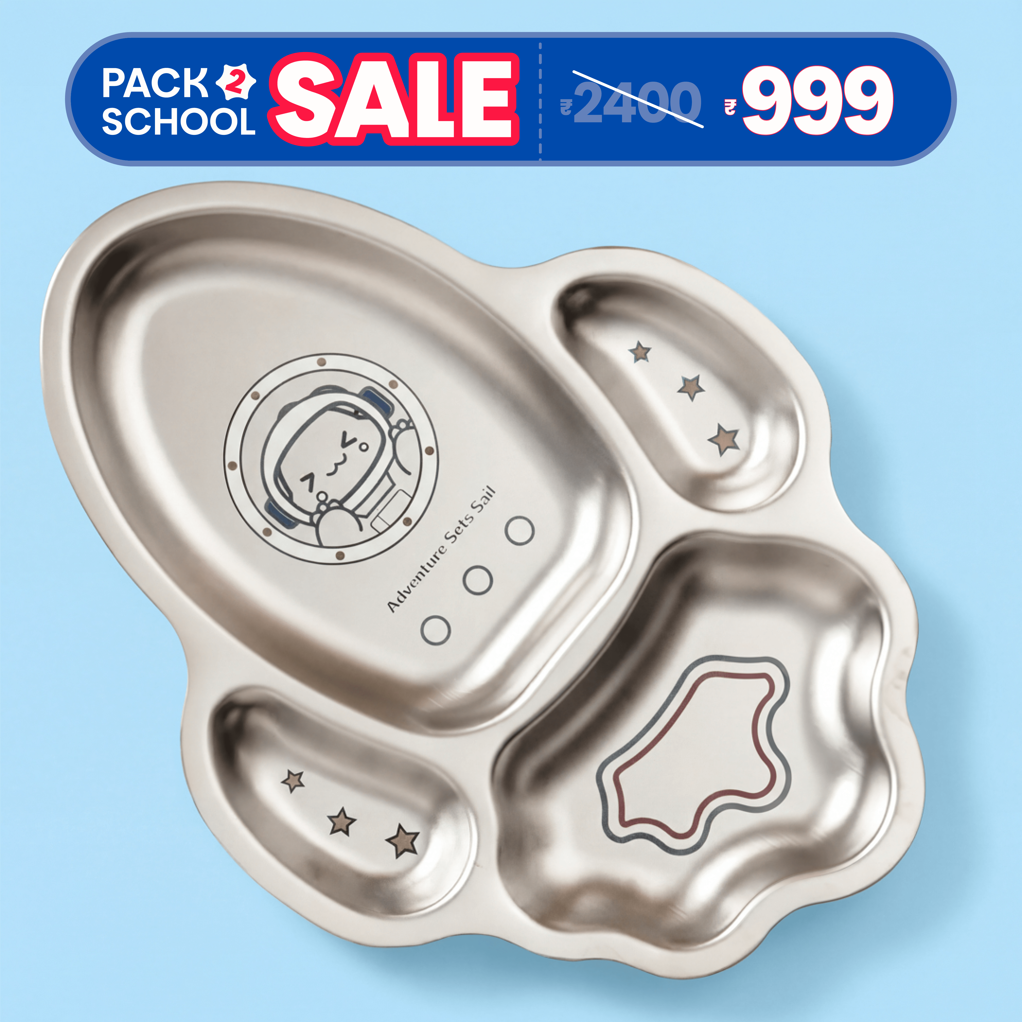 4 Compartment Stainless steel Rocket Plate - Dino