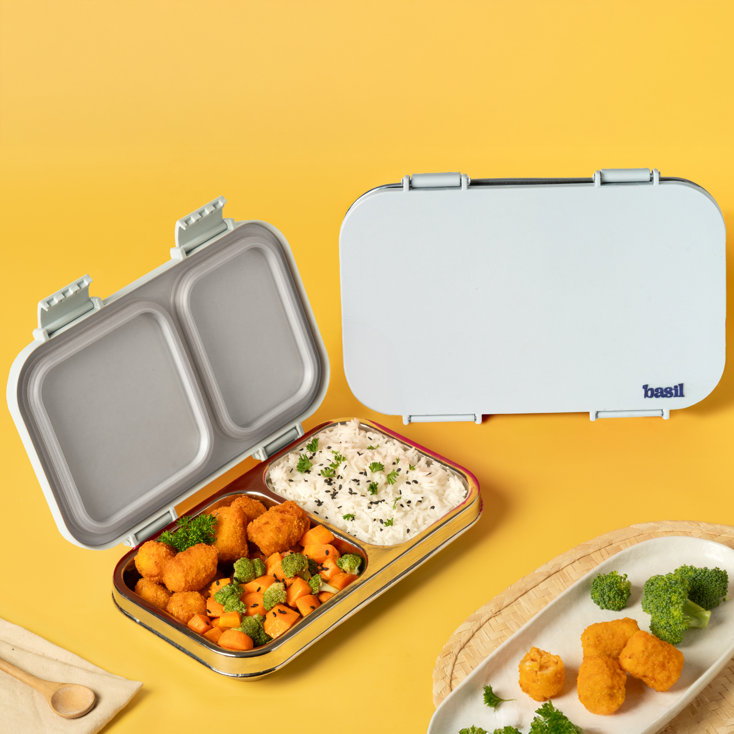2 Compartment Stainless steel Lunchbox with Plastic Lid - Grey Classic