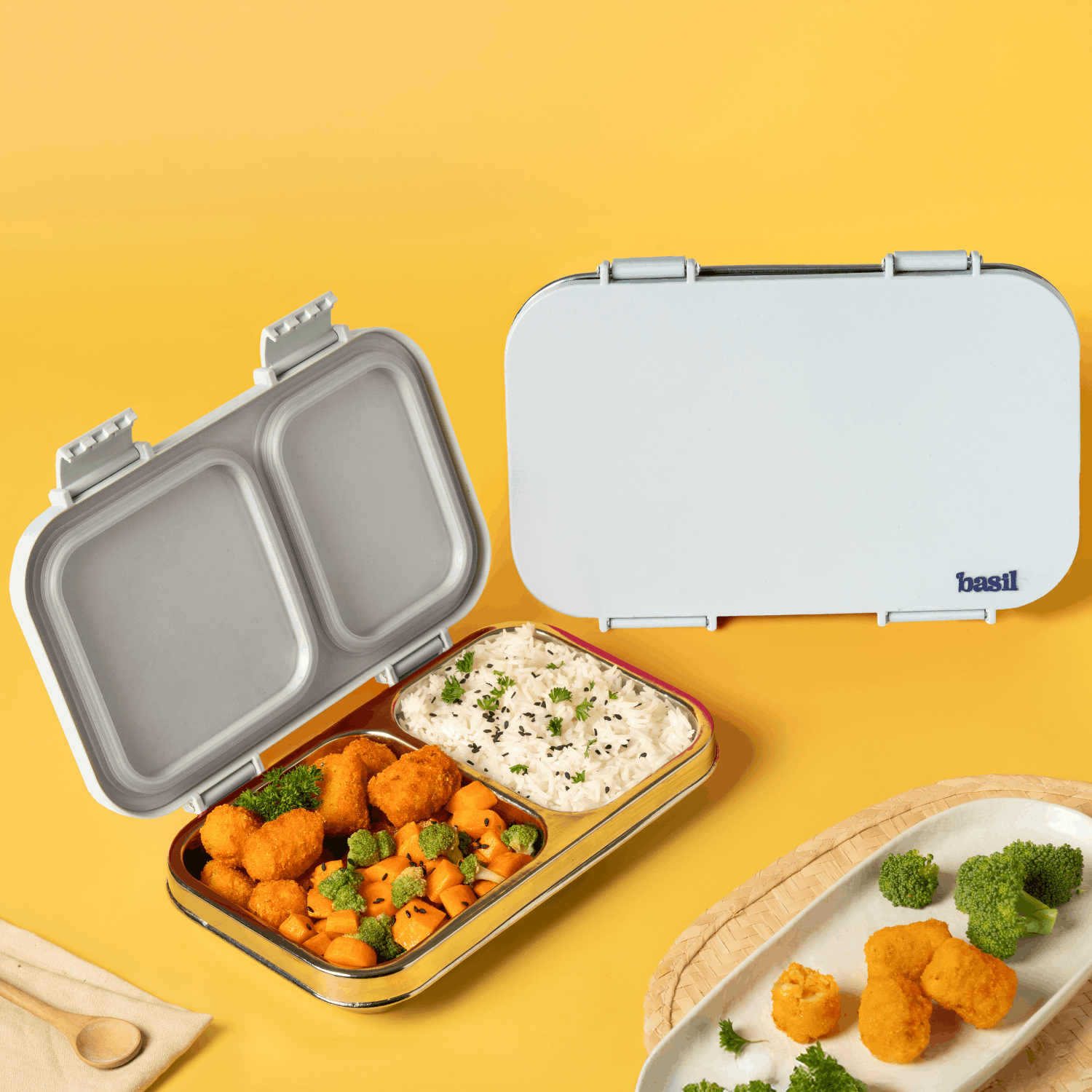 2 Compartment Stainless steel Lunchbox with Plastic Lid - Grey Classic