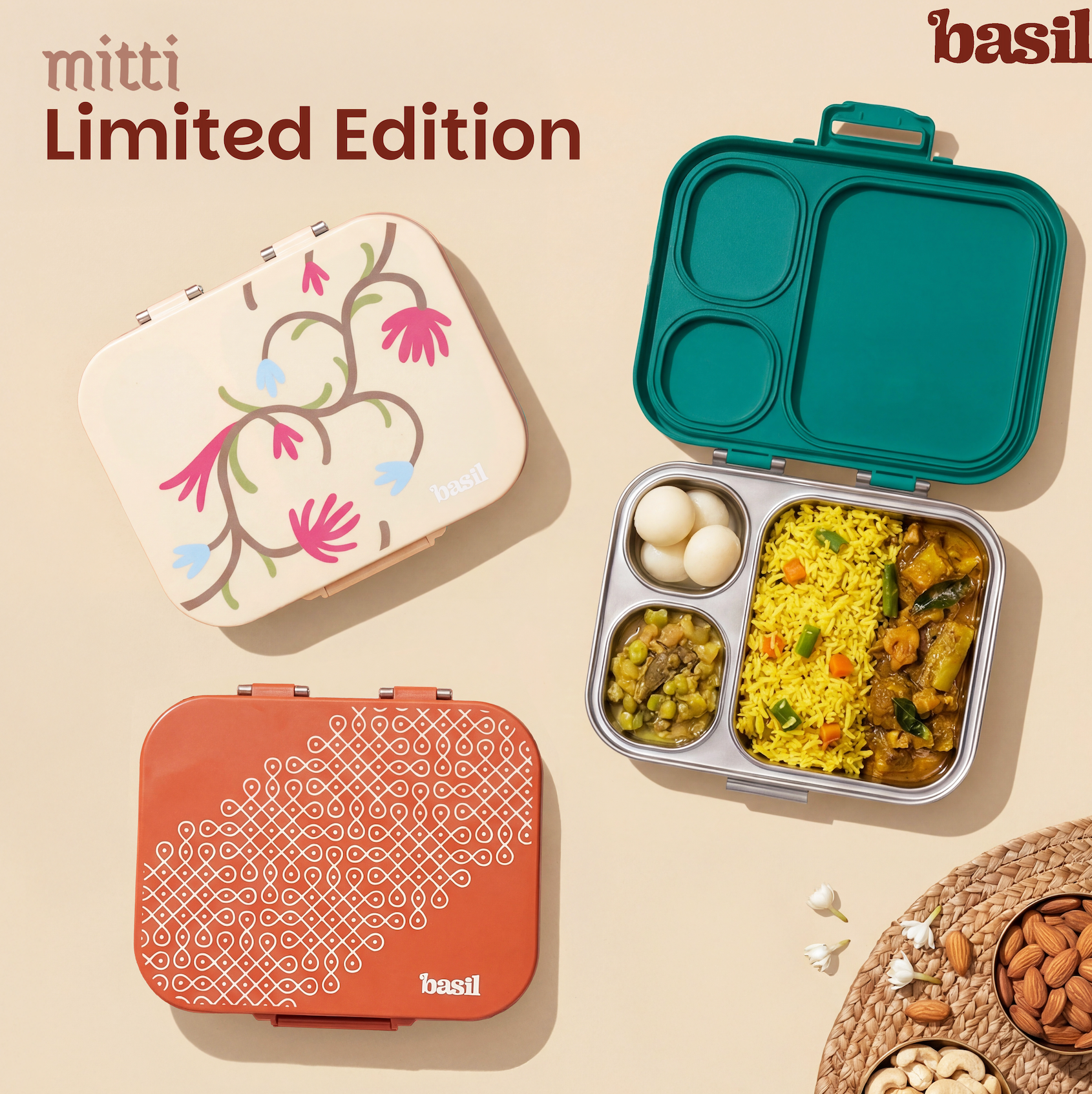 3+1 Compartment Stainless steel Lunchbox with Mini Box - Tanjore Kolam
