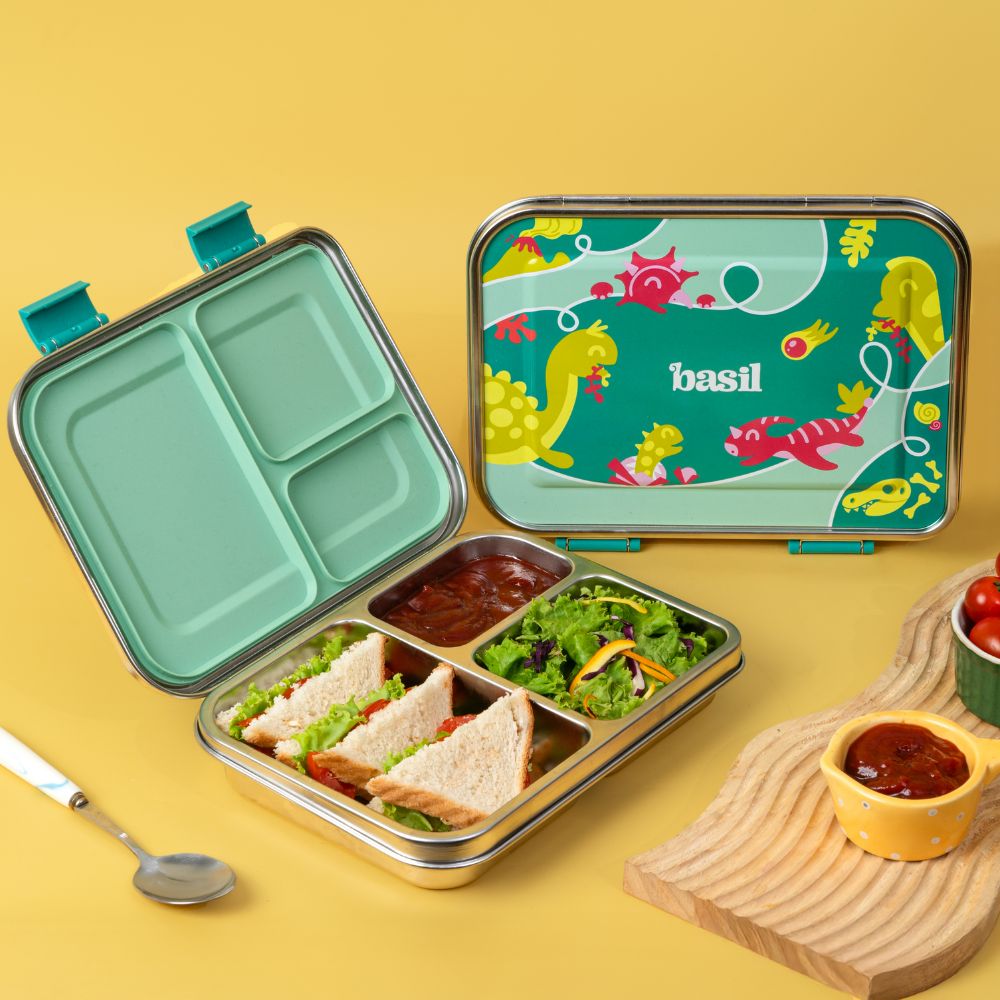 Green 3 partition lunch box for kids