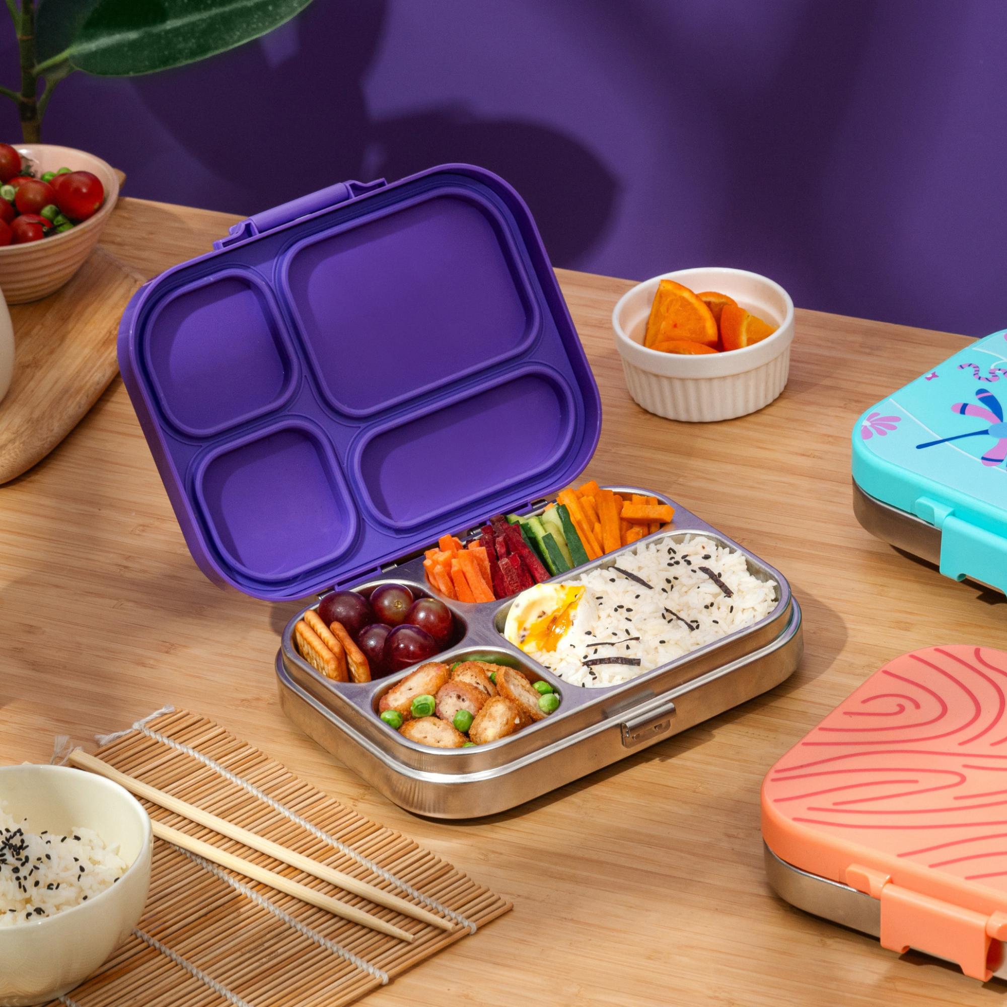 4 Compartment Stainless steel Lunchbox with Plastic lid - Purple Pop