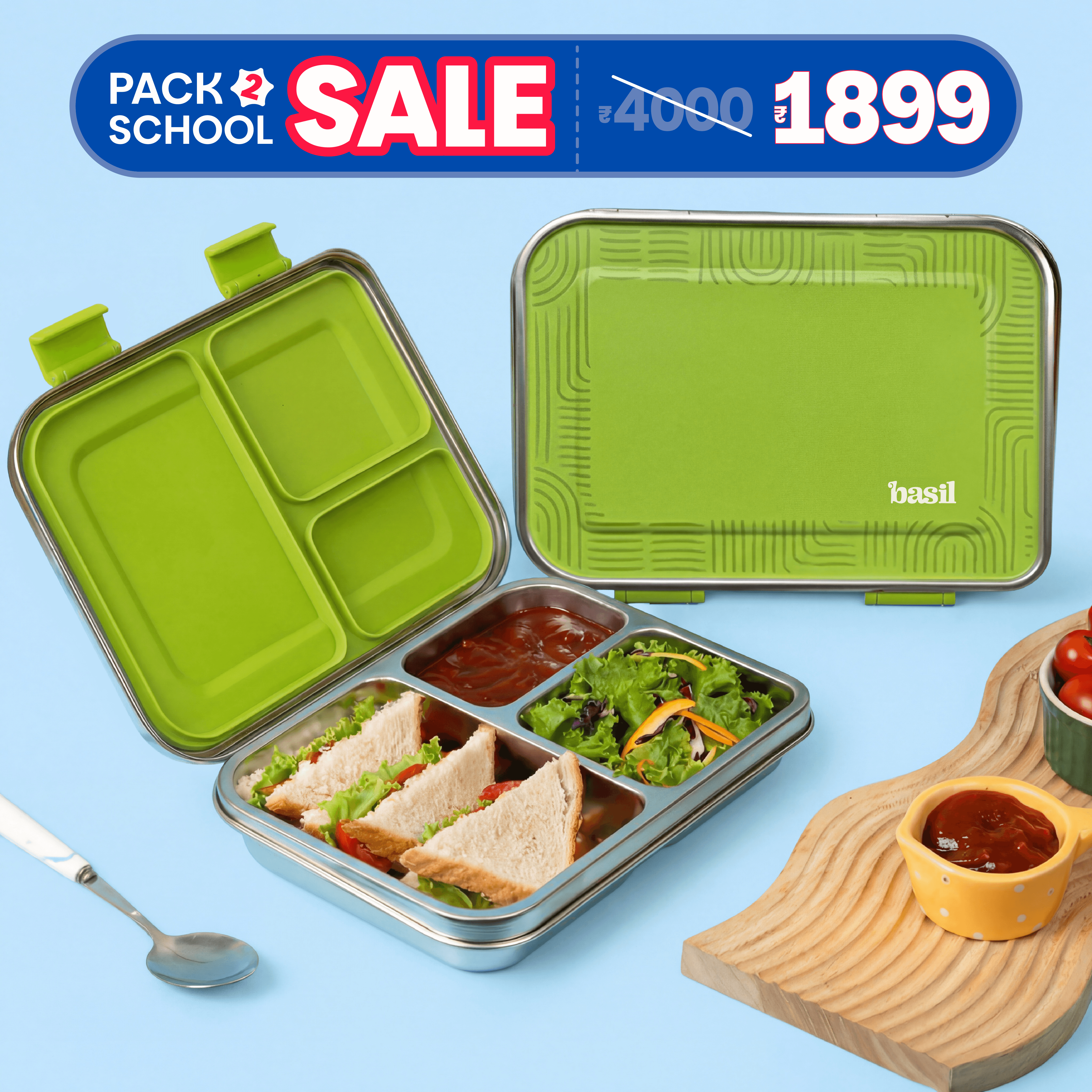 3 Compartment easy open-close Lunchbox - Classic Matcha