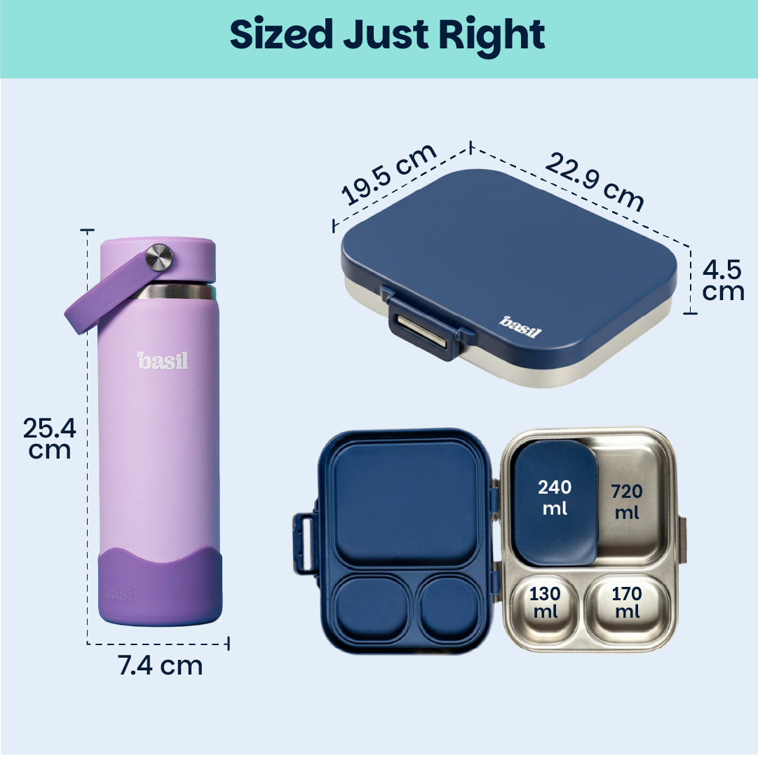 School Combo- Set of Water Bottle and Lunch Box Navy
