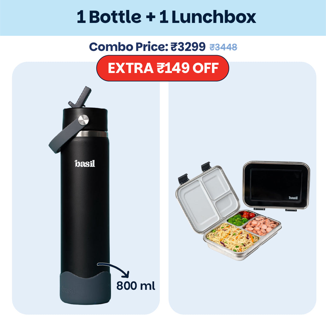 School Combo- Set of Water Bottle and Lunch Box Black