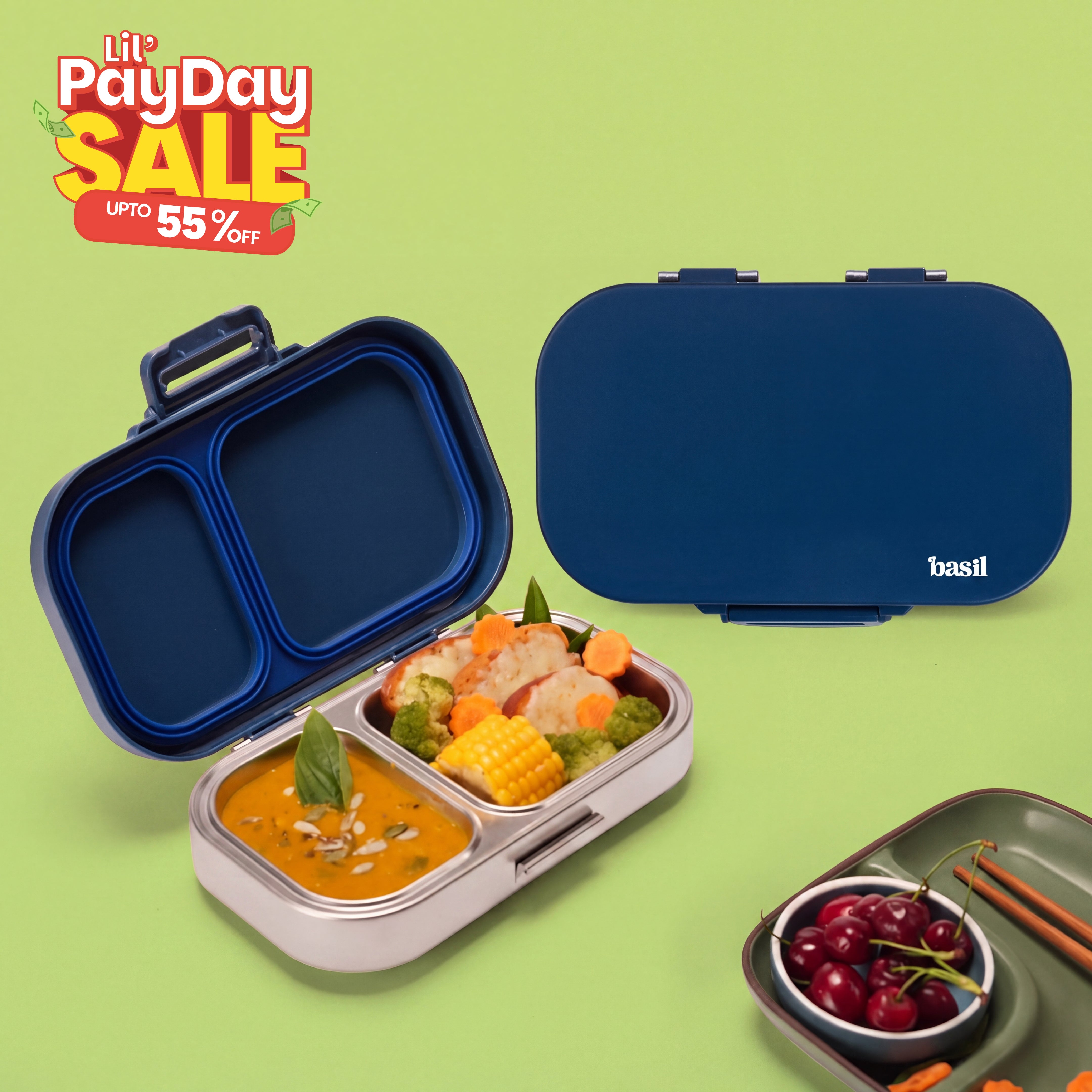 2 Compartment Stainless Steel Lunchbox with Plastic Lid - Classic Blue