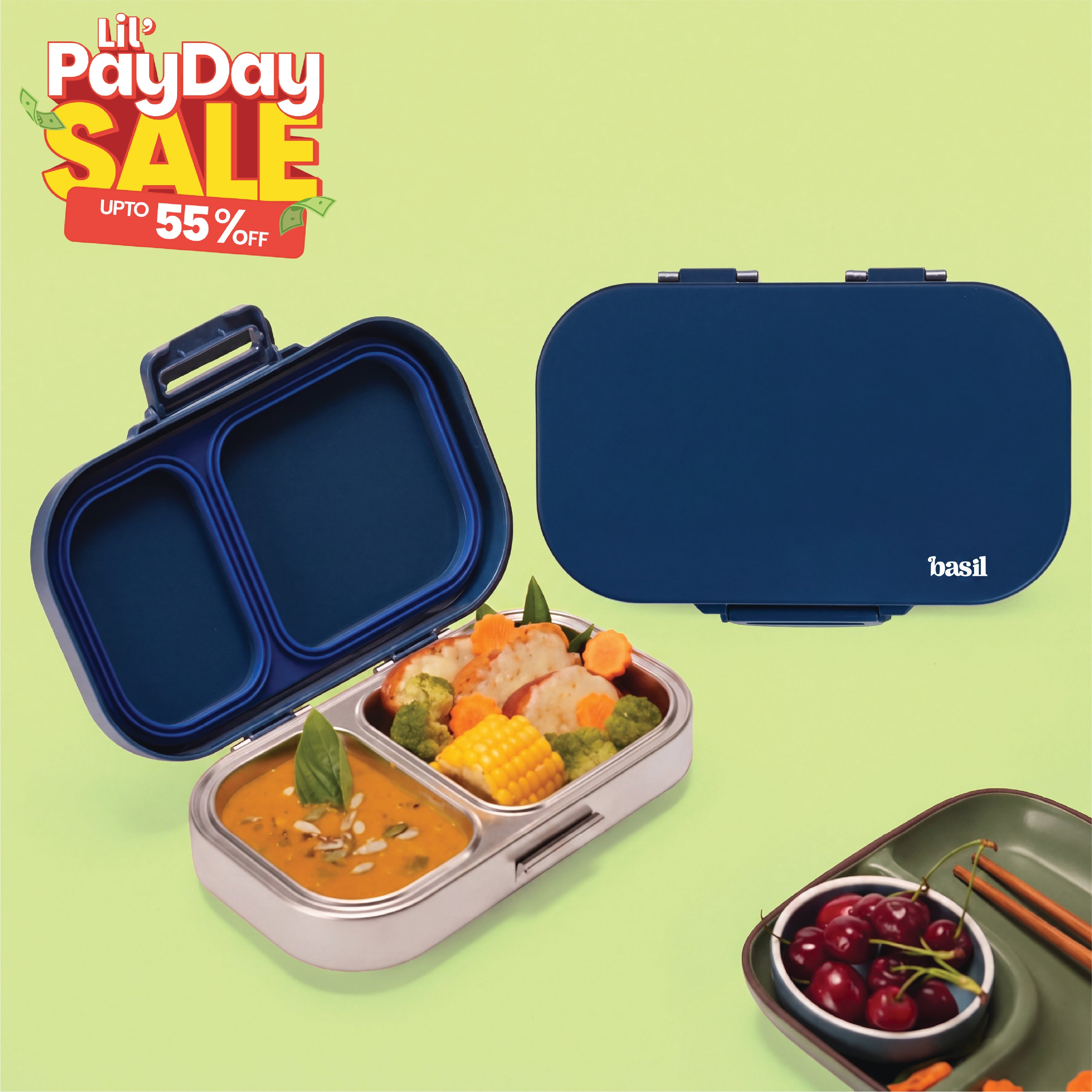 2 Compartment Stainless Steel Lunchbox with Plastic Lid - Classic Blue