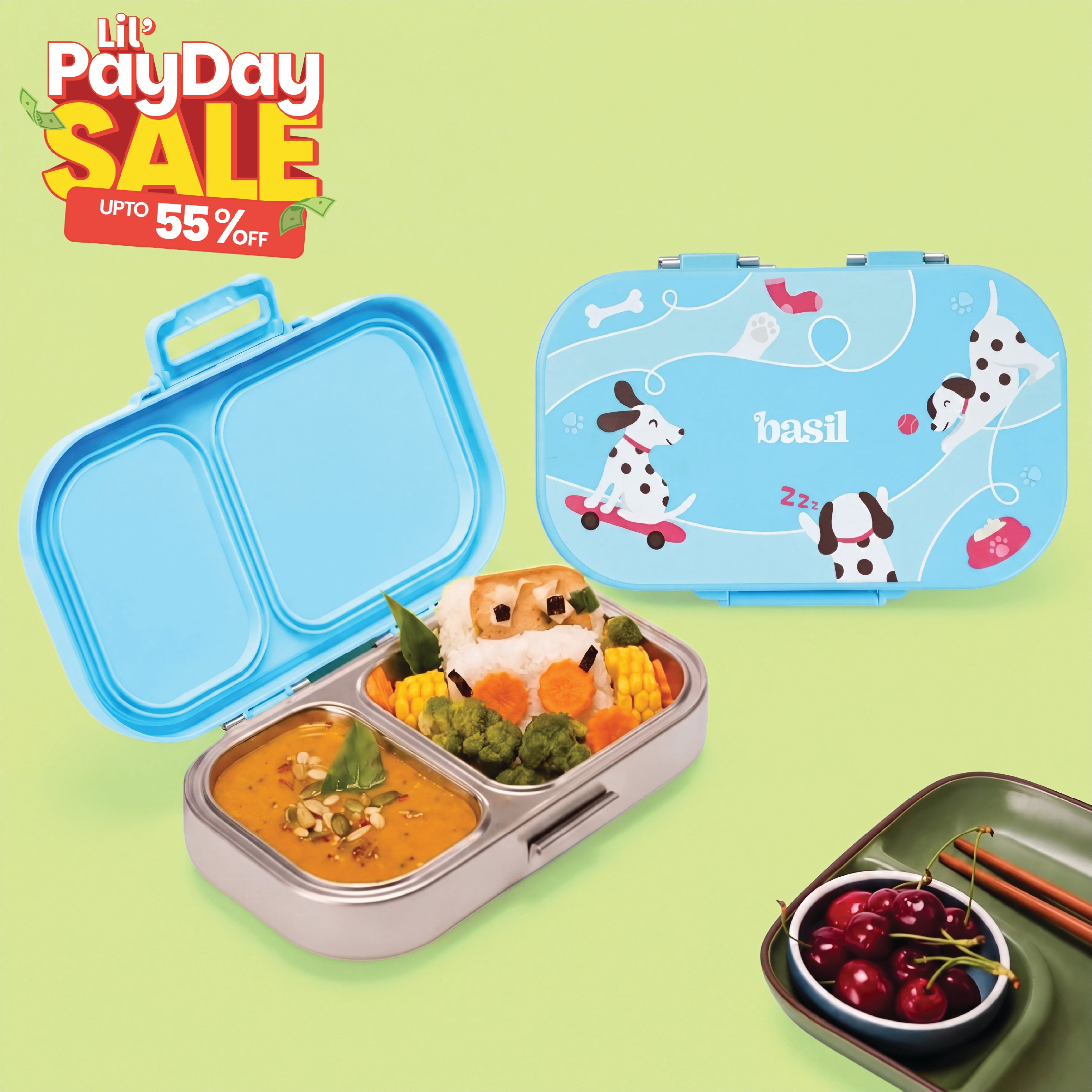 2 Compartment Stainless Steel Lunchbox with Plastic Lid - Wiggly Woof