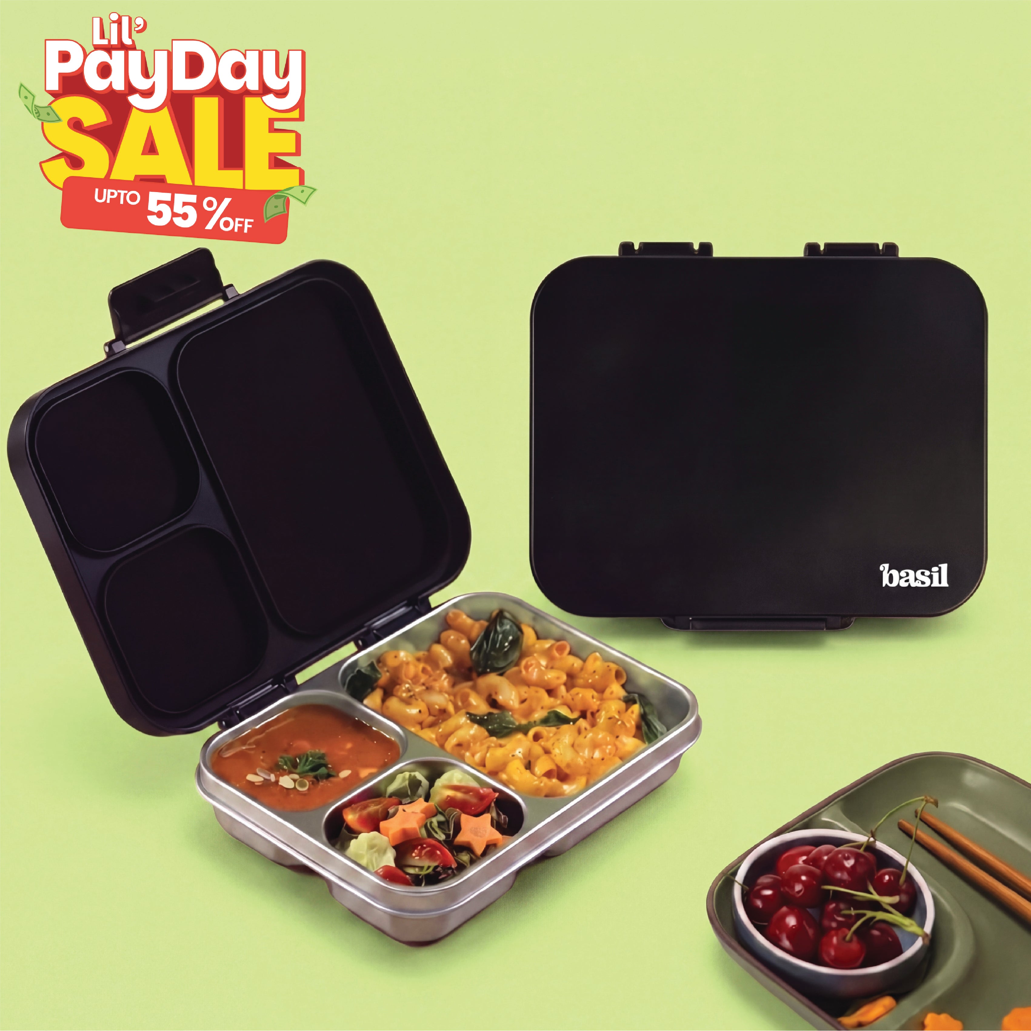 3 Compartment Stainless Steel Lunchbox with Plastic Lid - Classic Black