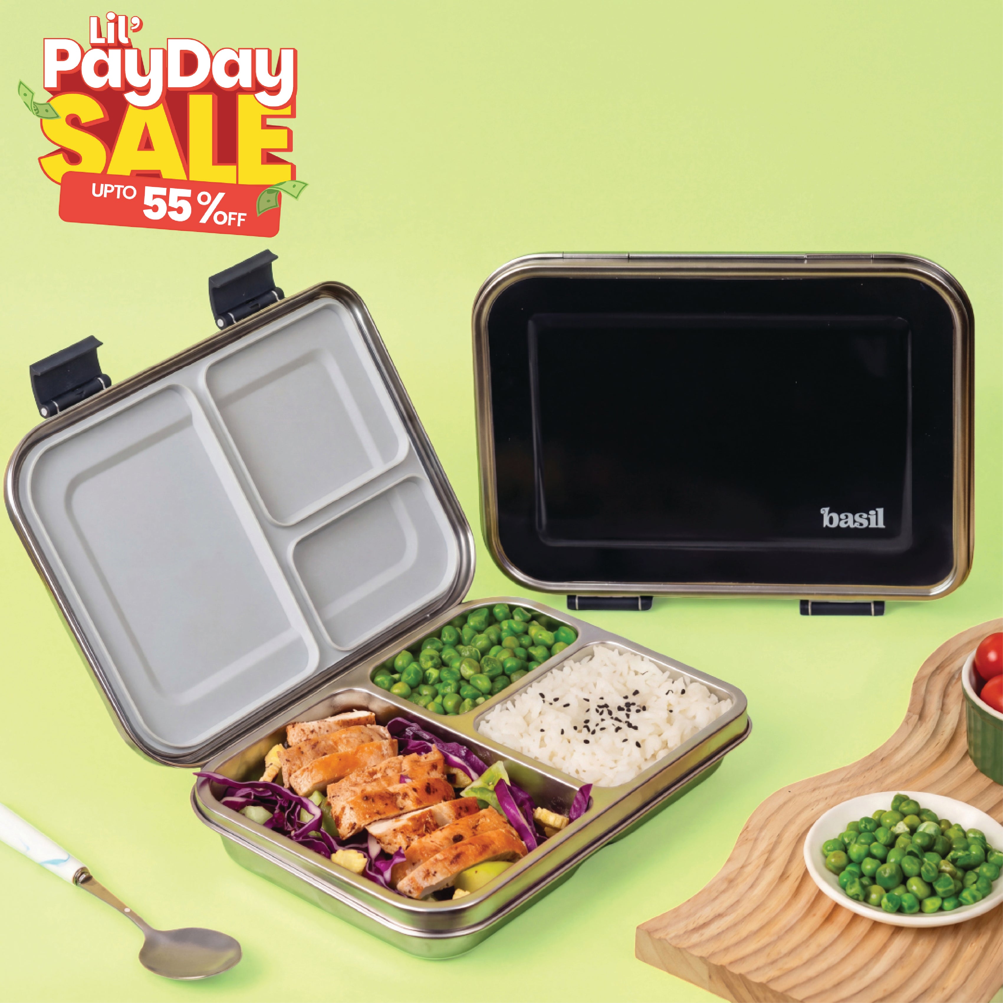 3 Compartment easy open-close Lunchbox - Black
