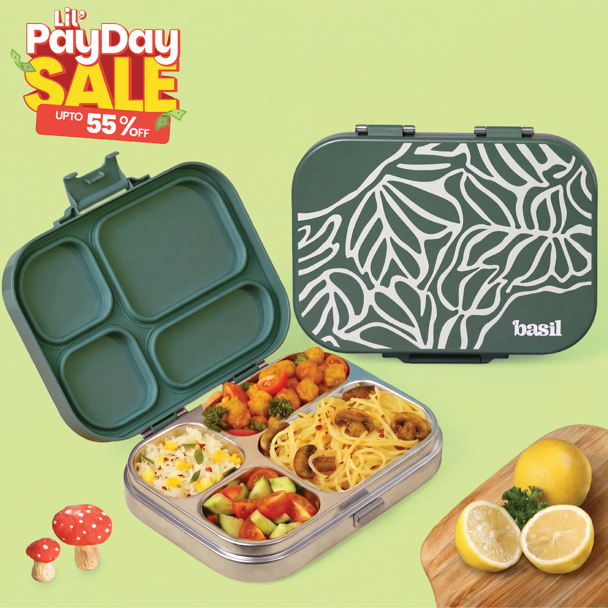 4 Compartment Stainless steel Lunchbox with Plastic lid - Emerald Moss