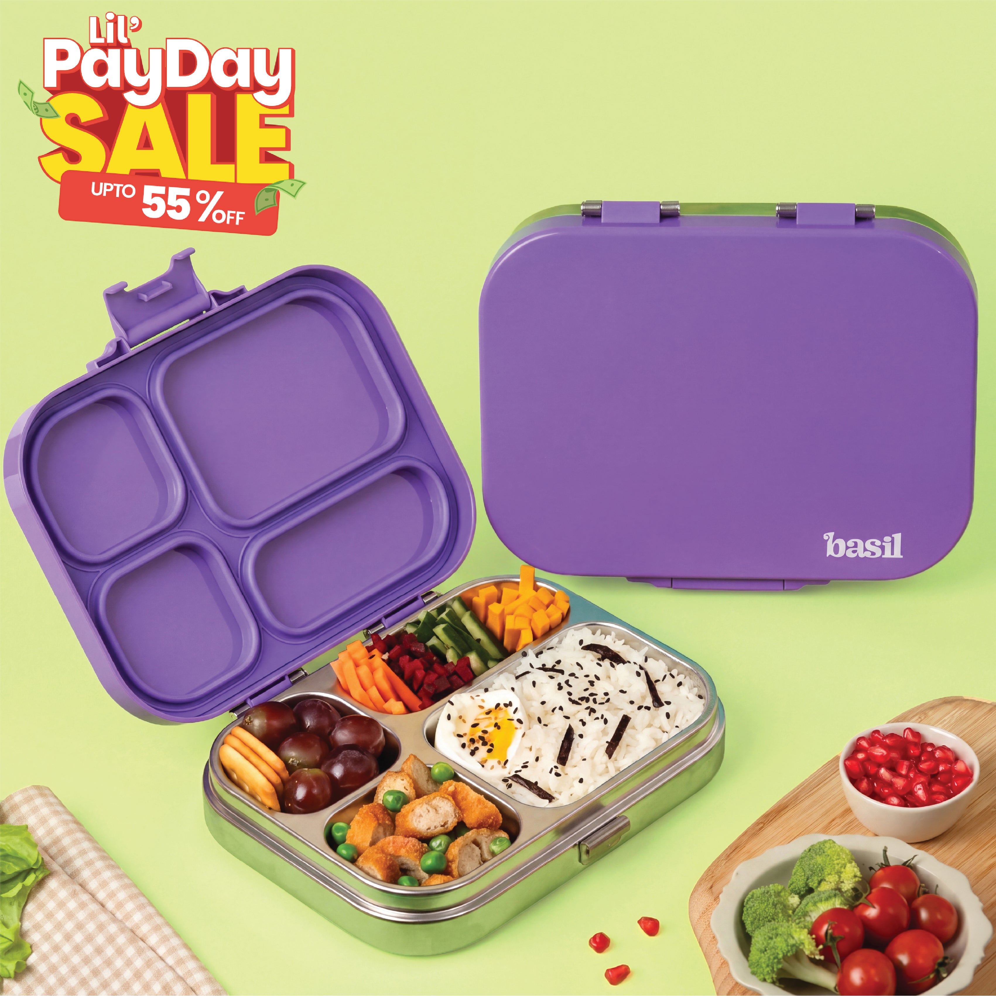 4 Compartment Stainless steel Lunchbox with Plastic lid - Purple Pop