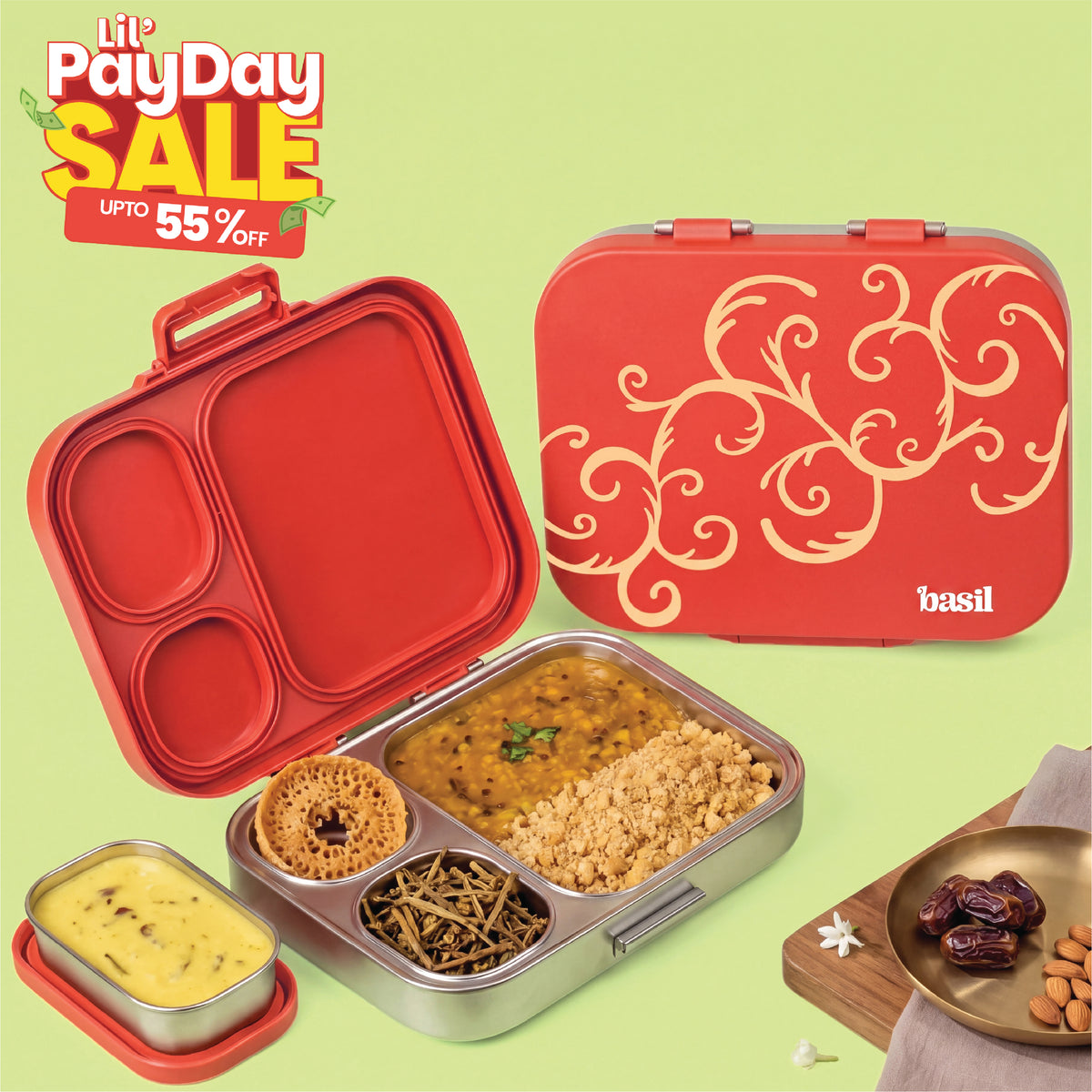 3+1 Compartment Stainless steel Lunchbox with Mini Box - Jaipuri Jaali