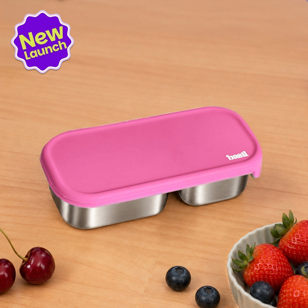2 Compartment Stainless Steel Pickle Dip with Silicone Lid - Pink