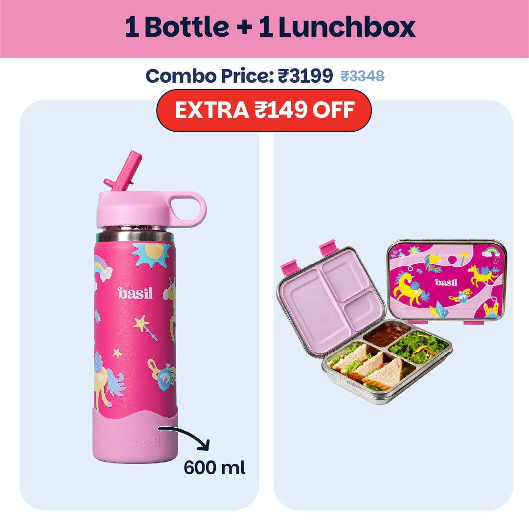 School Combo- Set of Water Bottle and Lunch Box Pixie Dash