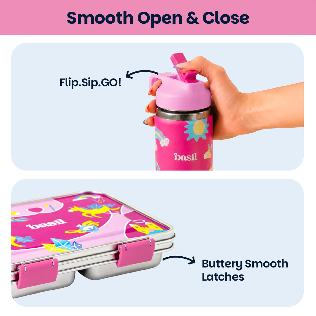 School Combo- Set of Water Bottle and Lunch Box Pixie Dash