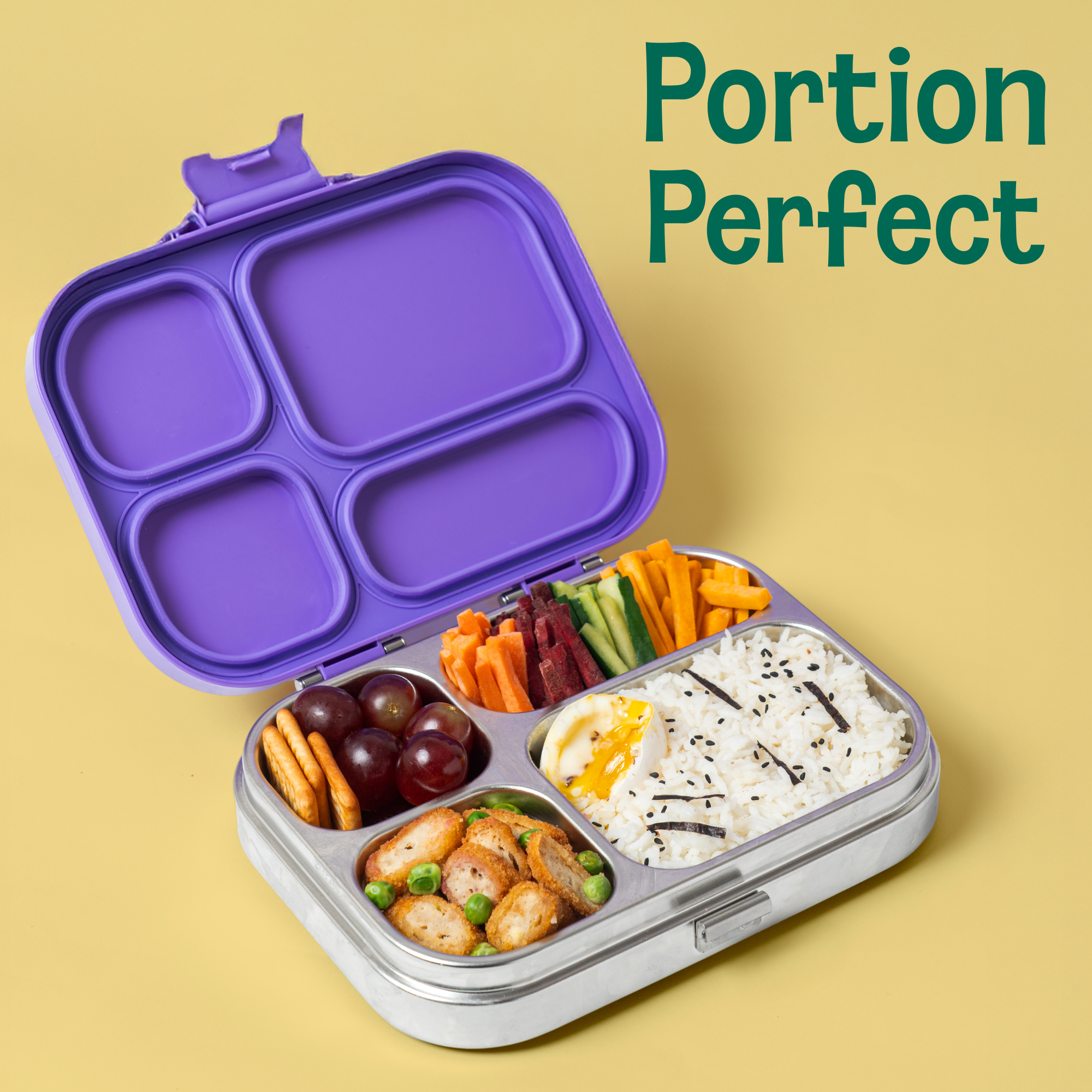 4 Compartment Stainless steel Lunchbox with Plastic lid - Purple Pop