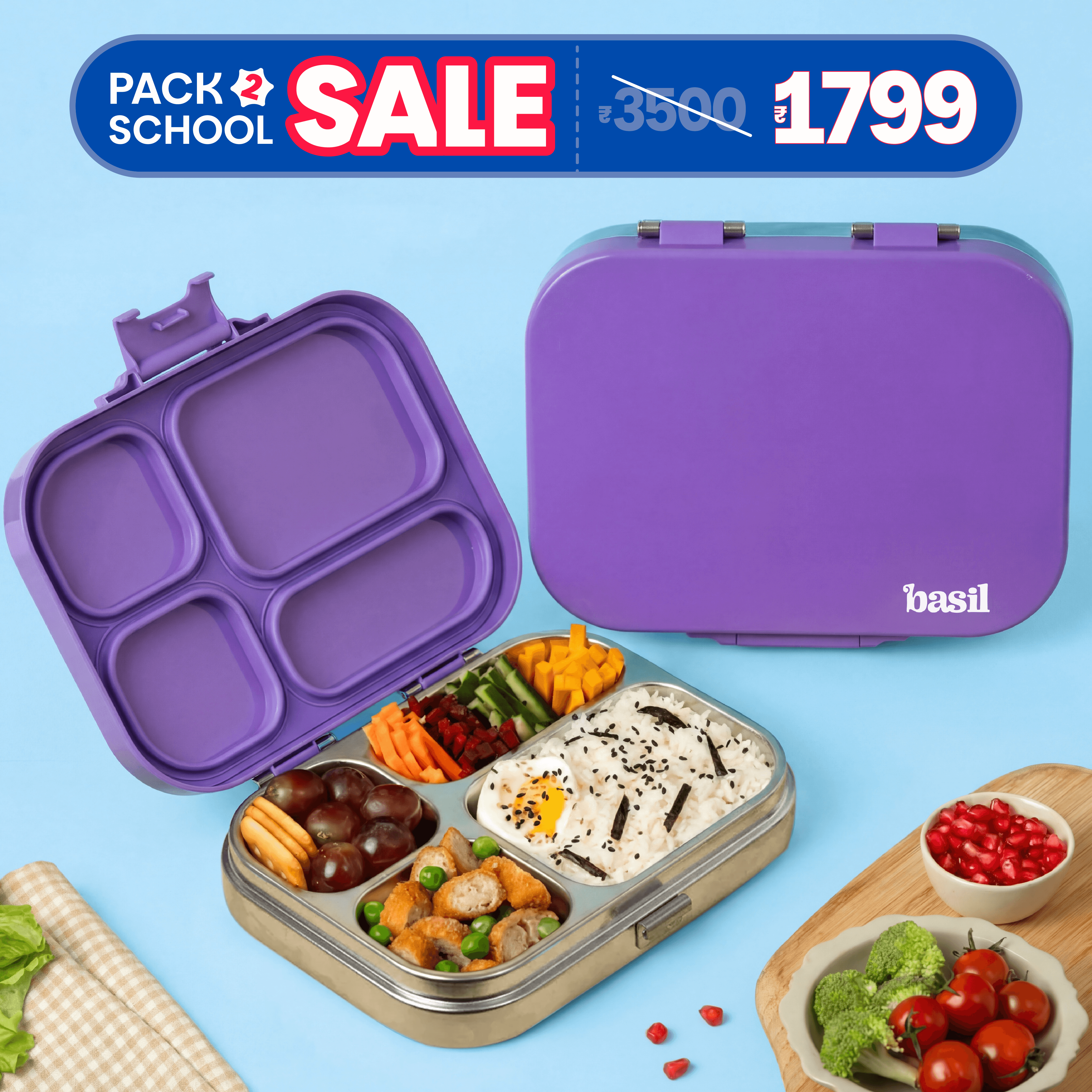 4 Compartment Stainless steel Lunchbox with Plastic lid - Purple Pop